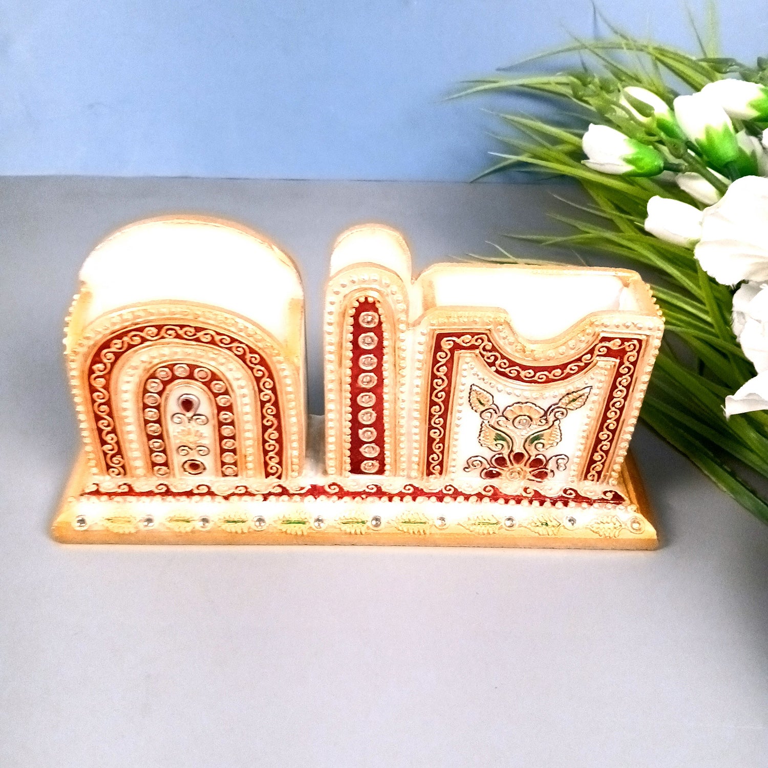 Pen Holder With Mobile & Cards Holder Marble | Cutlery Spoon & Fork Holder with 3 Compartments | Multipurpose Organizer - For Study Table, Desk, Stationary, Office, Dining Table, Kitchen, Home Decor - 9 Inch - Apkamart