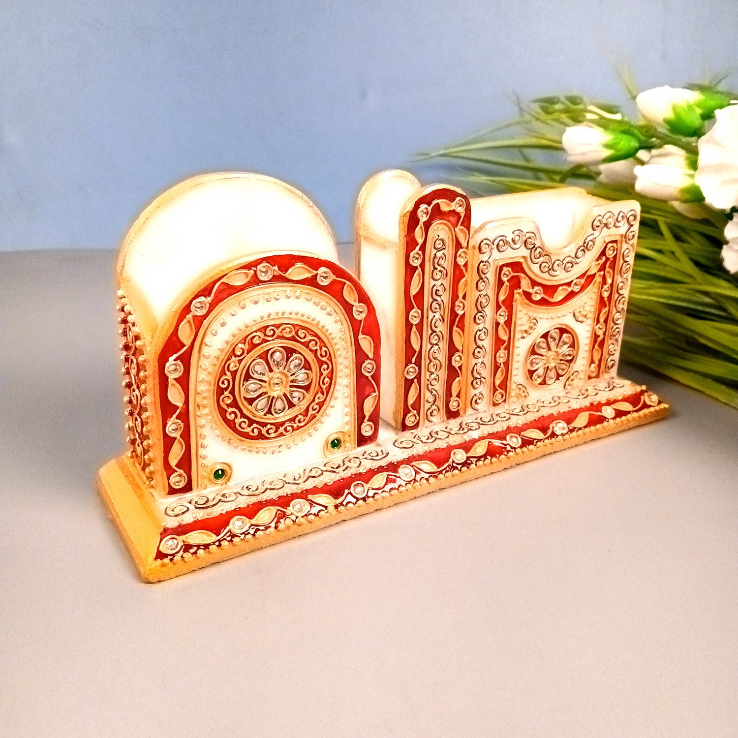 Pen Holder With Mobile & Cards Holder Marble | Cutlery Spoon & Fork Holder with 3 Compartments | Multipurpose Organizer - For Study Table, Desk, Stationary, Office, Dining Table, Kitchen, Home Decor - 9 Inch - Apkamart