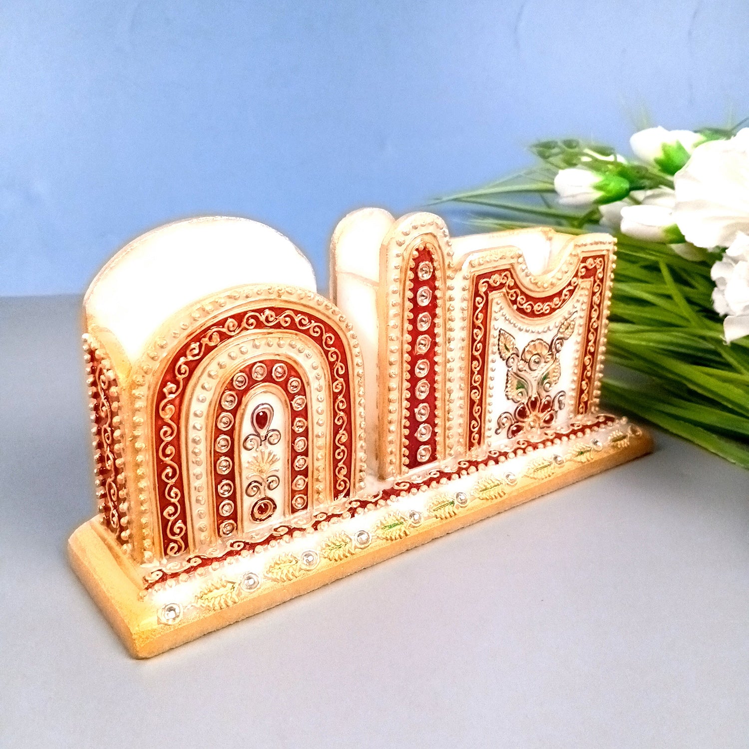 Pen Holder With Mobile & Cards Holder Marble | Cutlery Spoon & Fork Holder with 3 Compartments | Multipurpose Organizer - For Study Table, Desk, Stationary, Office, Dining Table, Kitchen, Home Decor - 9 Inch - Apkamart