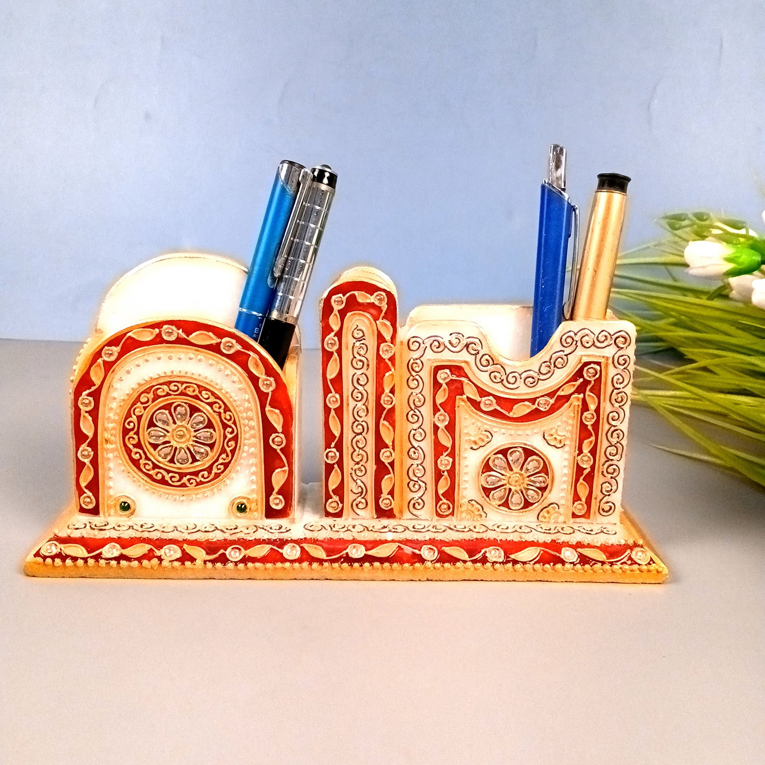 Pen Holder With Mobile & Cards Holder Marble | Cutlery Spoon & Fork Holder with 3 Compartments | Multipurpose Organizer - For Study Table, Desk, Stationary, Office, Dining Table, Kitchen, Home Decor - 9 Inch - Apkamart