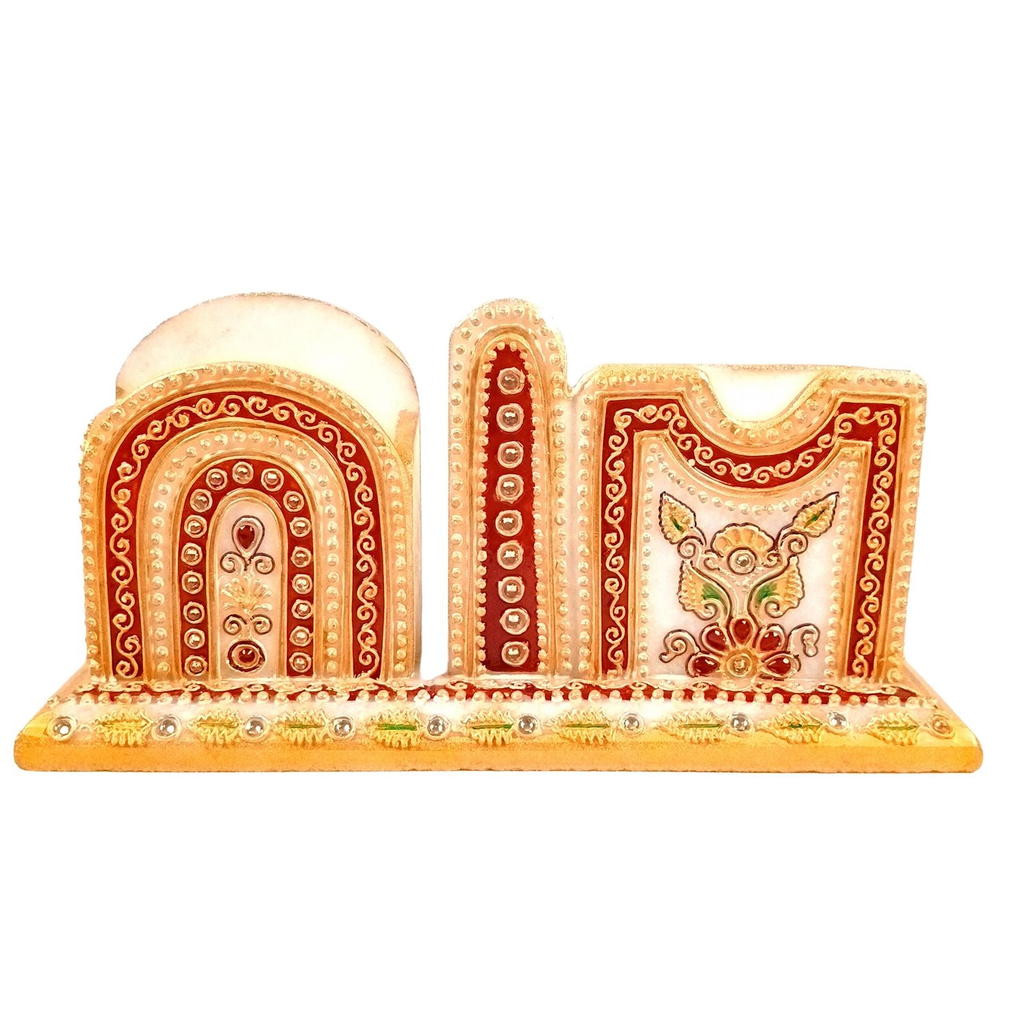 Pen Holder With Mobile & Cards Holder Marble | Cutlery Spoon & Fork Holder with 3 Compartments | Multipurpose Organizer - For Study Table, Desk, Stationary, Office, Dining Table, Kitchen, Home Decor - 9 Inch - Apkamart