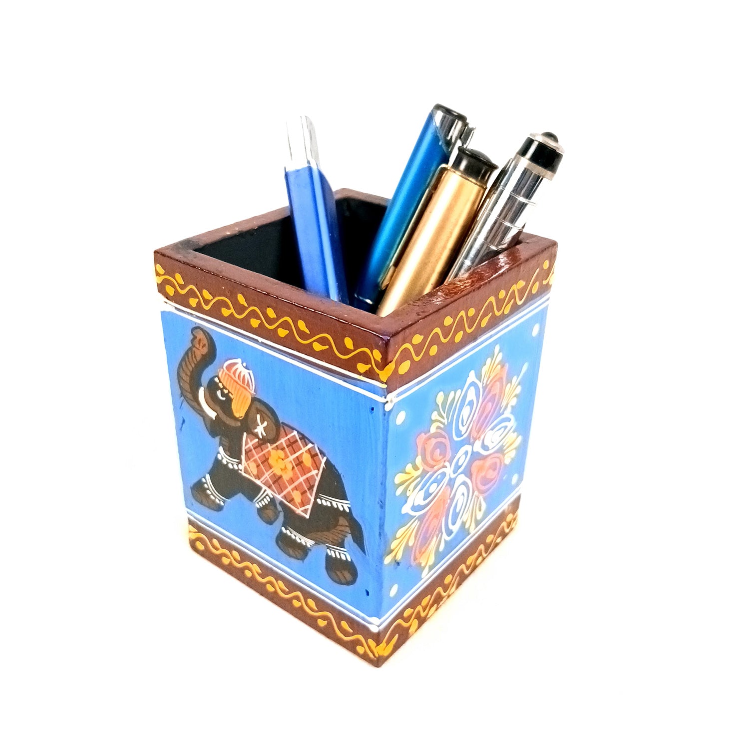 Pen Holder | Stationary Organizers | Wooden Pencil Stands | Multipurpose Holders Stand - For Table, Desk Organizing, Office Decor & Corporate Gifts - 4 Inch - Apkamart #Colour_Blue