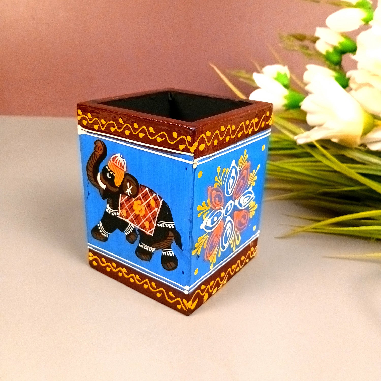 Pen Holder | Stationary Organizers | Wooden Pencil Stands | Multipurpose Holders Stand - For Table, Desk Organizing, Office Decor & Corporate Gifts - 4 Inch - Apkamart #Colour_Blue