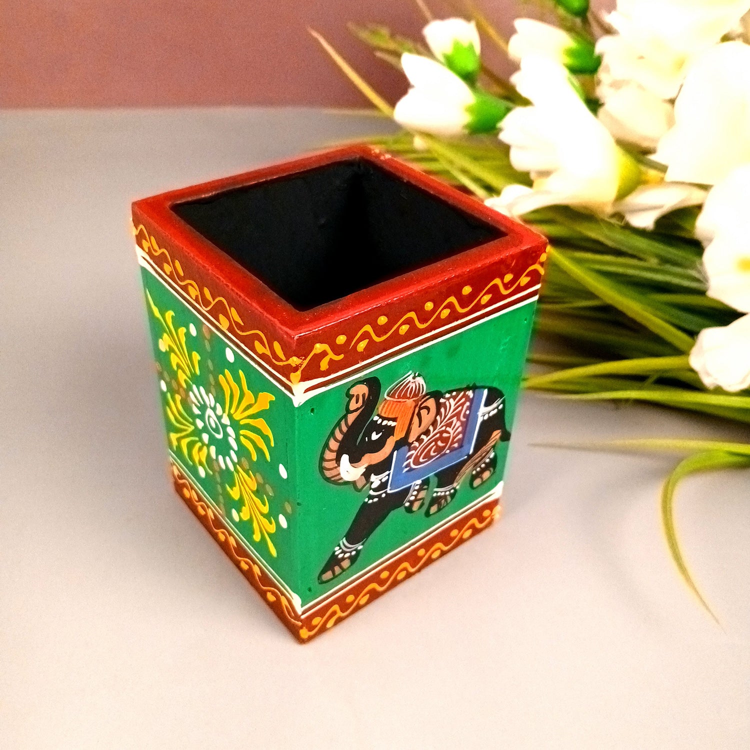 Pen Holder | Stationary Organizers | Wooden Pencil Stands | Multipurpose Holders Stand - For Table, Desk Organizing, Office Decor & Corporate Gifts - 4 Inch - Apkamart #Colour_Green