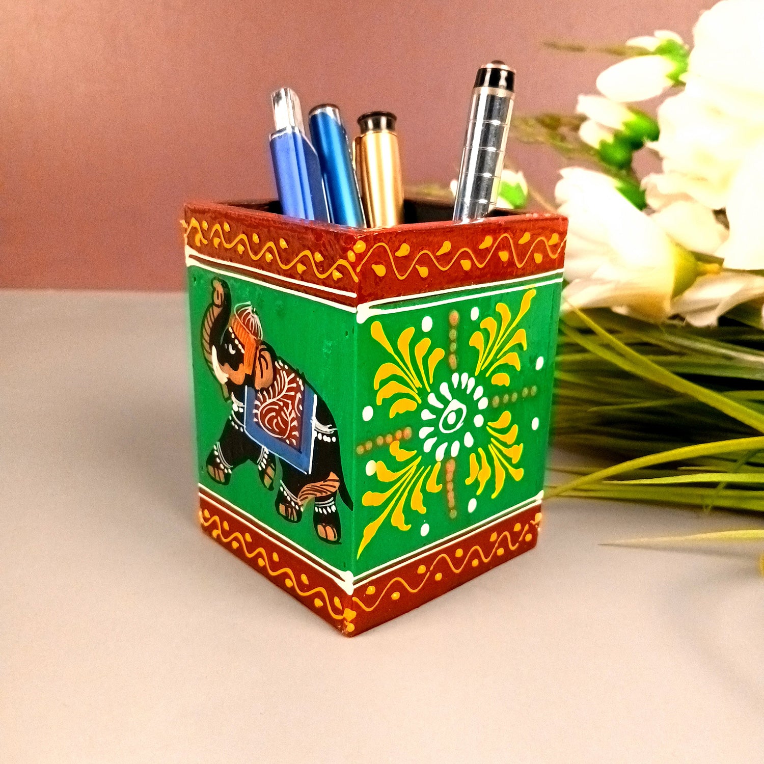 Pen Holder | Stationary Organizers | Wooden Pencil Stands | Multipurpose Holders Stand - For Table, Desk Organizing, Office Decor & Corporate Gifts - 4 Inch - Apkamart #Colour_Green