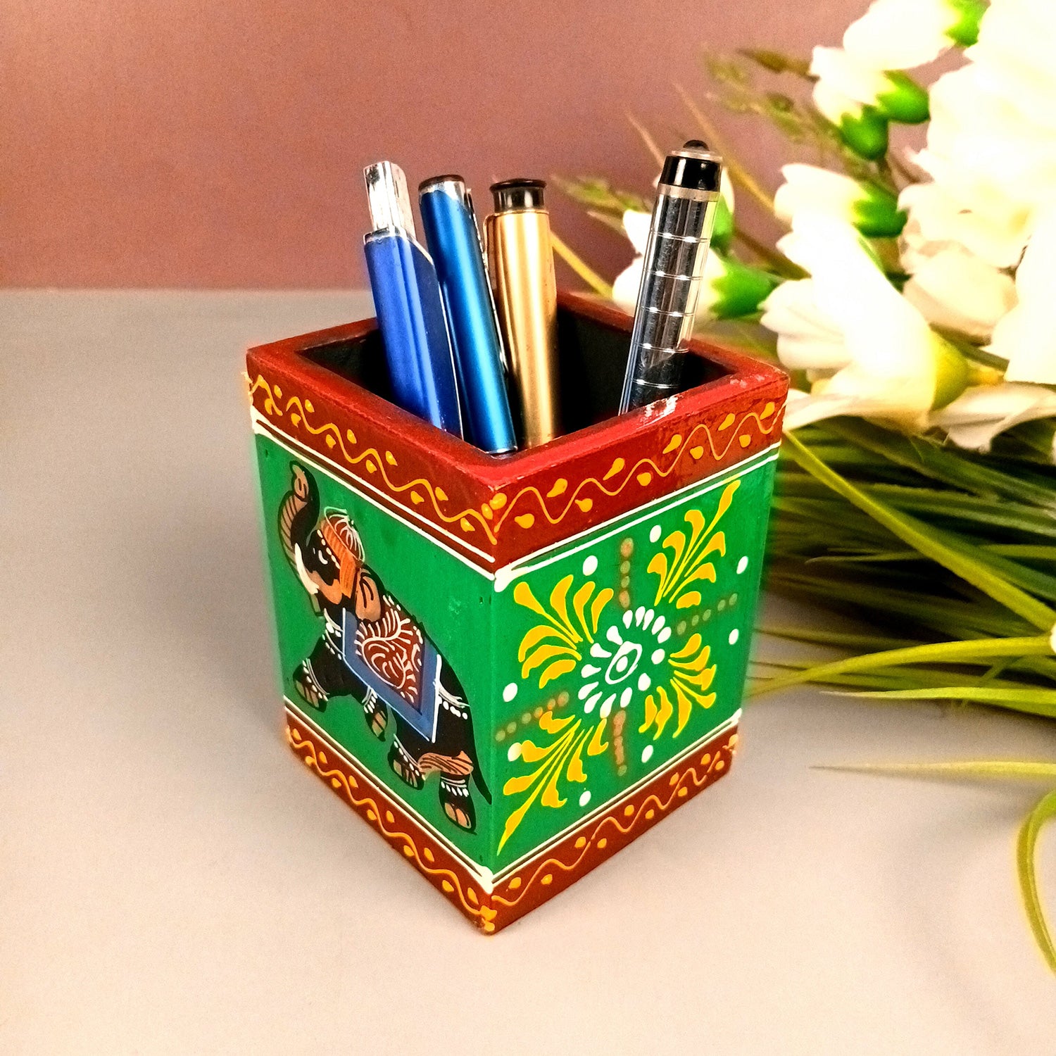 Pen Holder | Stationary Organizers | Wooden Pencil Stands | Multipurpose Holders Stand - For Table, Desk Organizing, Office Decor & Corporate Gifts - 4 Inch - Apkamart #Colour_Green