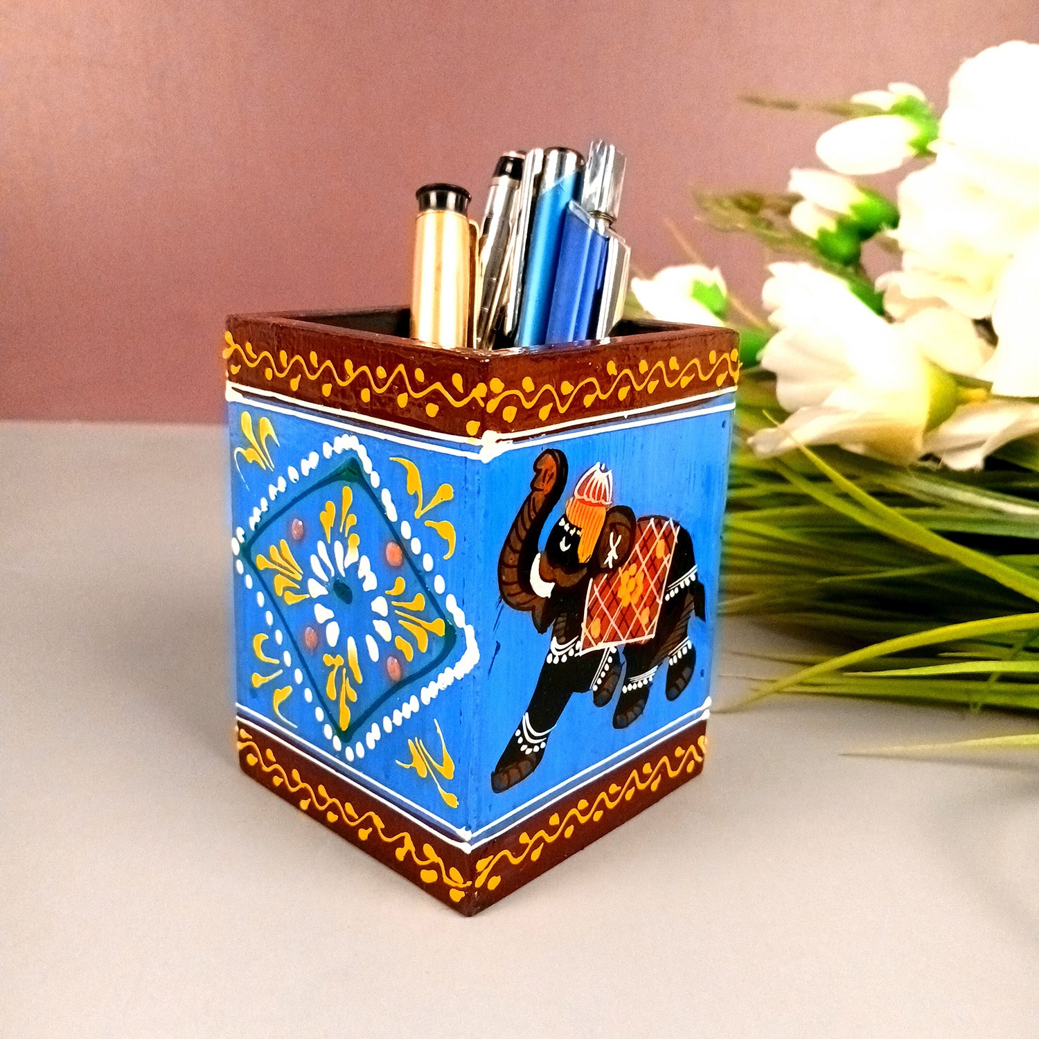 Pen Holder | Stationary Organizers | Wooden Pencil Stands | Multipurpose Holders Stand - For Table, Desk Organizing, Office Decor & Corporate Gifts - 4 Inch - Apkamart #Colour_Blue