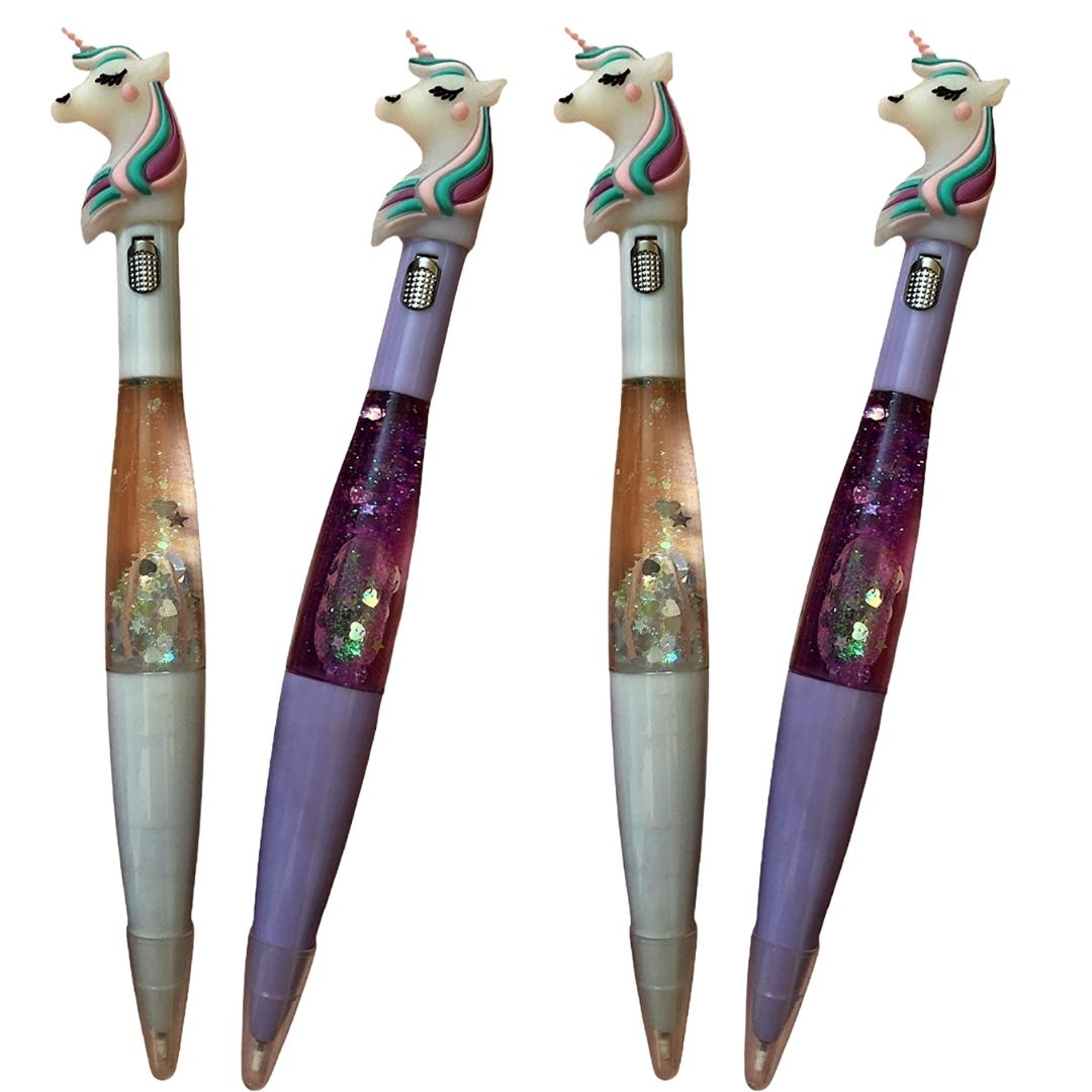 Ball Pens - Unicorn Design | Ballpoint Pen With Led Light & Glitter - for Kids, Girls, Boys, Students, School, Birthday Gift & Return Gifts - Apkamart #Style_Pack of 4