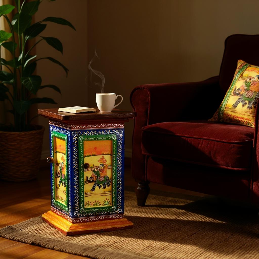 Wooden Side Table with Storage | Rajasthani Elephant Art | Handicraft Table for Living Room | Decorative Table for Showpiece Display | Home Decor Item with Cabinet - 18 Inch - Apkamart