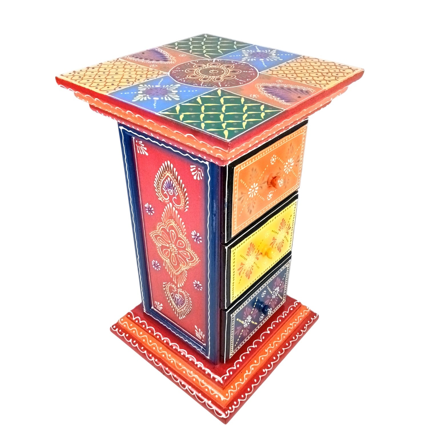 Pillar 3 Drawers Side Table | Traditional Wooden Design Table for Living Room, Bedroom & Office | Home Decor | Decorative Accent Furniture & Showpiece Stand - 18 Inch - Apkamart