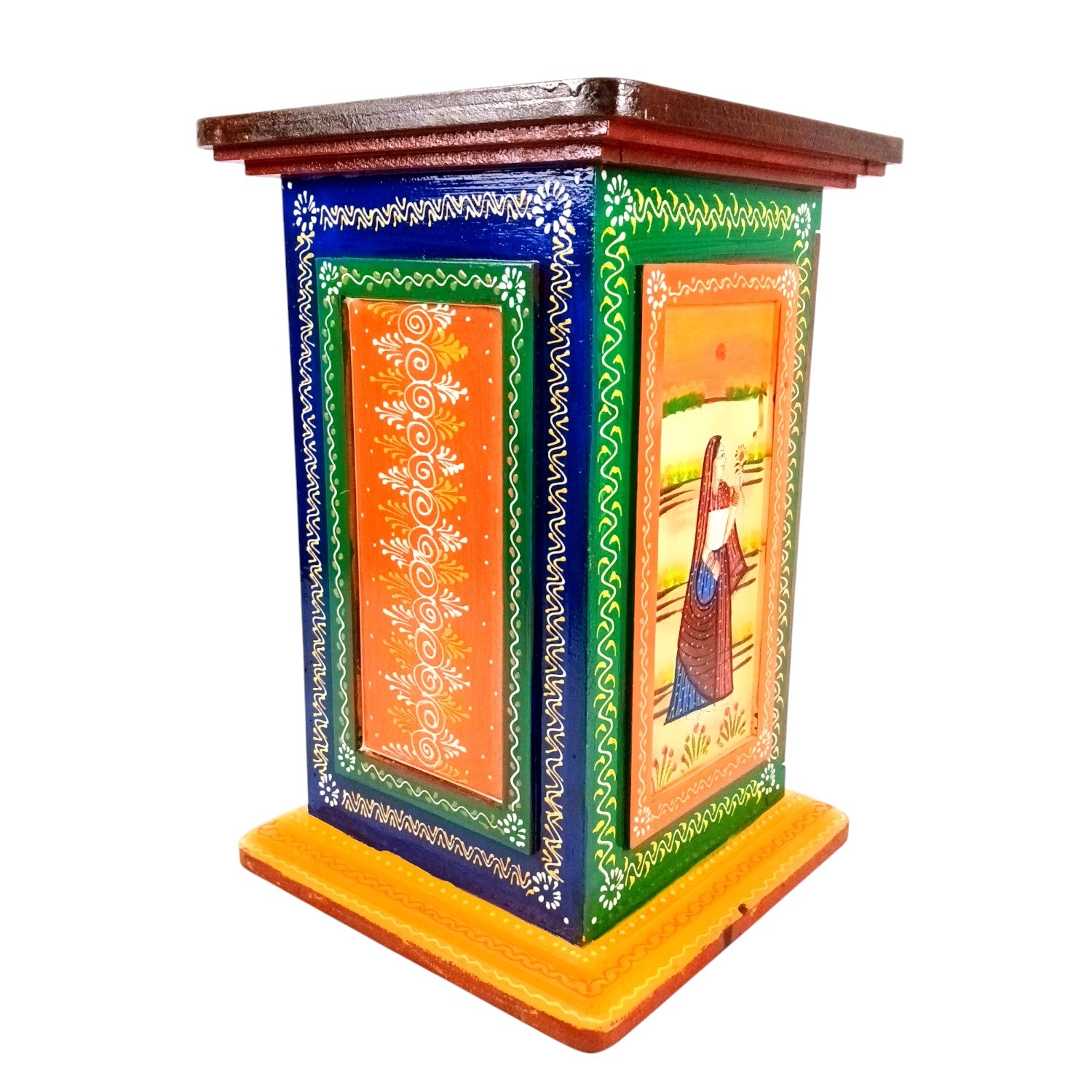 Wooden Side Table with Storage | Rajasthani Elephant Art | Handicraft Table for Living Room | Decorative Table for Showpiece Display | Home Decor Item with Cabinet - 18 Inch - Apkamart