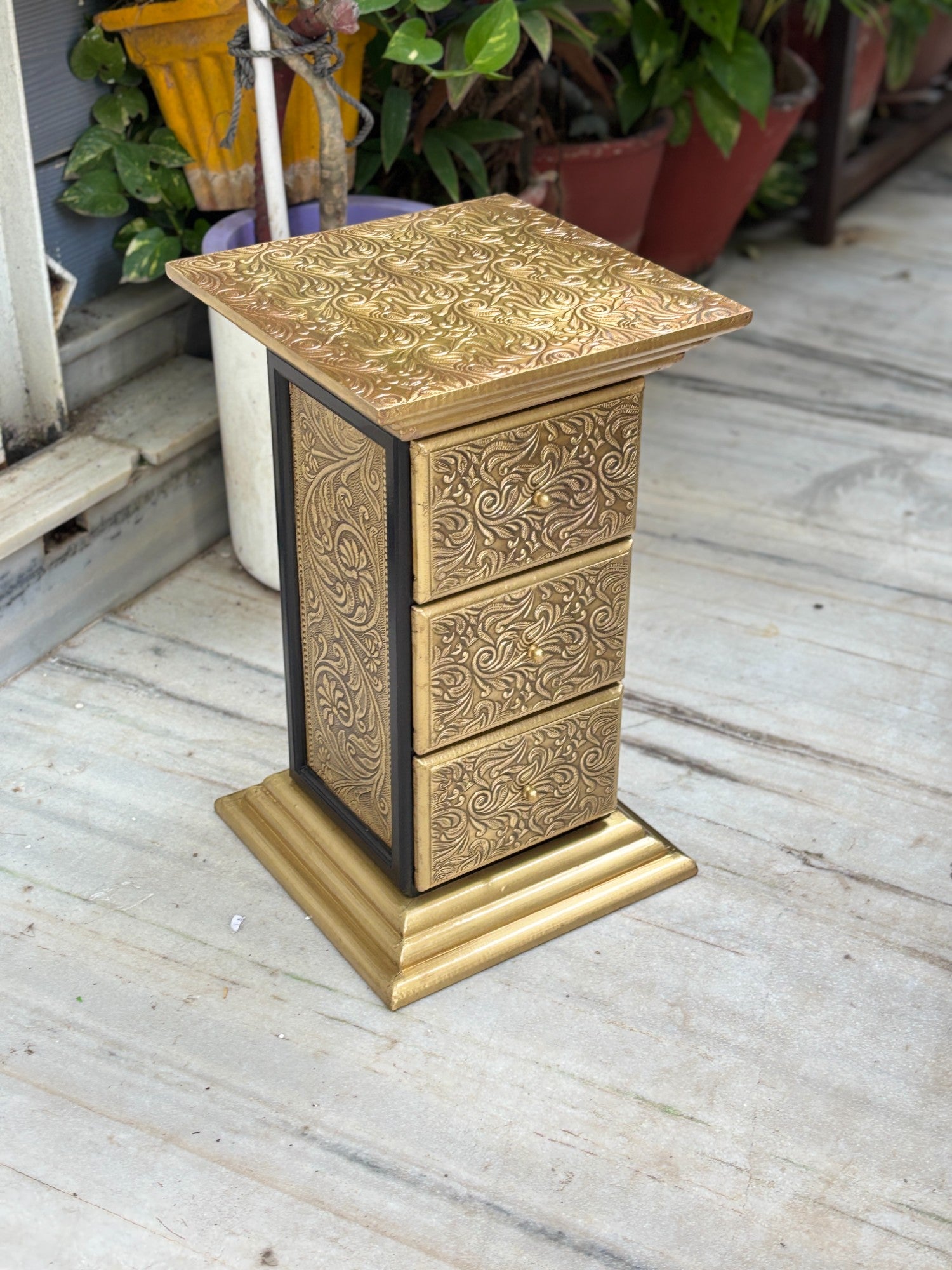 Pillar 3 Drawers Side Table | Traditional Wooden Design Table for Living Room, Bedroom & Office | Decorative Accent Furniture & Showpiece Stand - 18 Inch - Apkamat