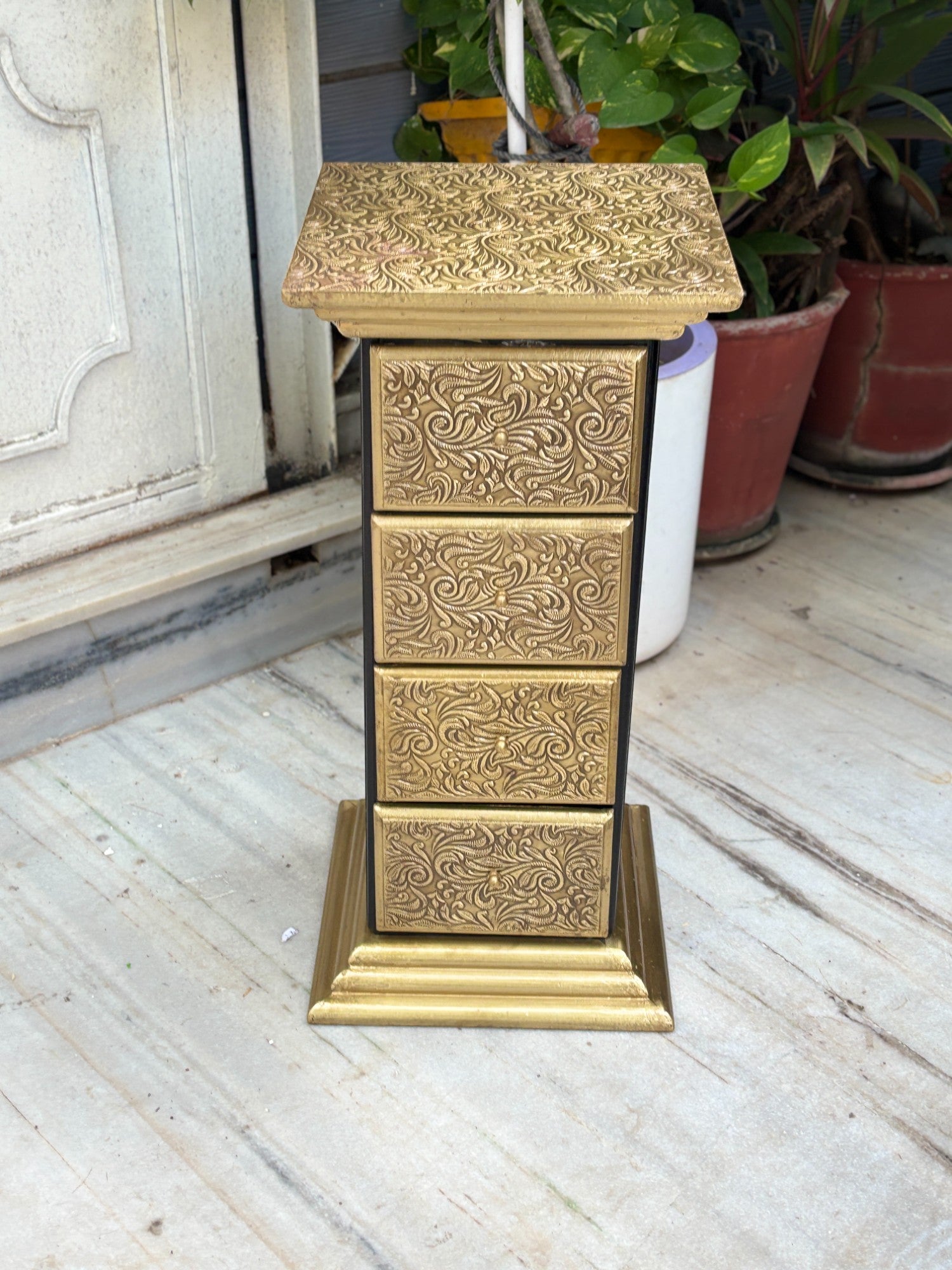 Pillar 4 Drawers Side Table | Traditional Wooden Design Table for Living Room,  Bedroom & Office | Decorative Accent Furniture & Showpiece Stand - 23 Inch - Apkamart