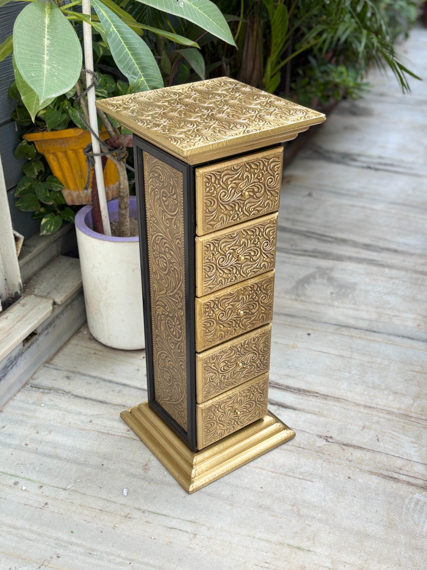 Pillar 5 Drawers Side Table | Traditional Wooden Design Table for Living Room, Bedroom & Office | Decorative Accent Furniture & Showpiece Stand - 27 Inch