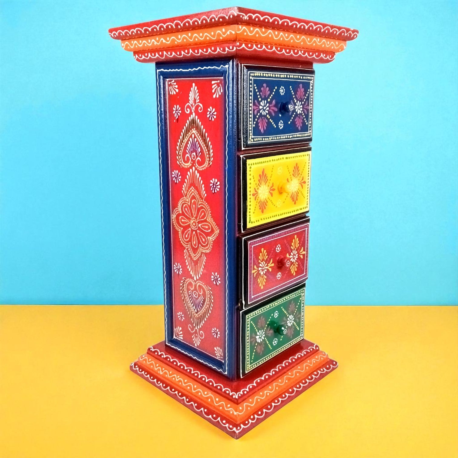 Pillar 4 Drawers Side Table | Traditional Wooden Design Table for Living Room Bedroom & Office | Decorative Table| Decorative Accent Furniture & Showpiece Stand - 23 Inch - Apkamart