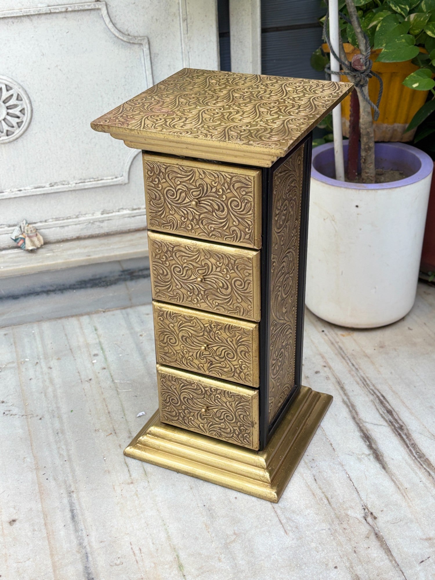 Pillar 4 Drawers Side Table | Traditional Wooden Design Table for Living Room,  Bedroom & Office | Decorative Accent Furniture & Showpiece Stand - 23 Inch - Apkamart