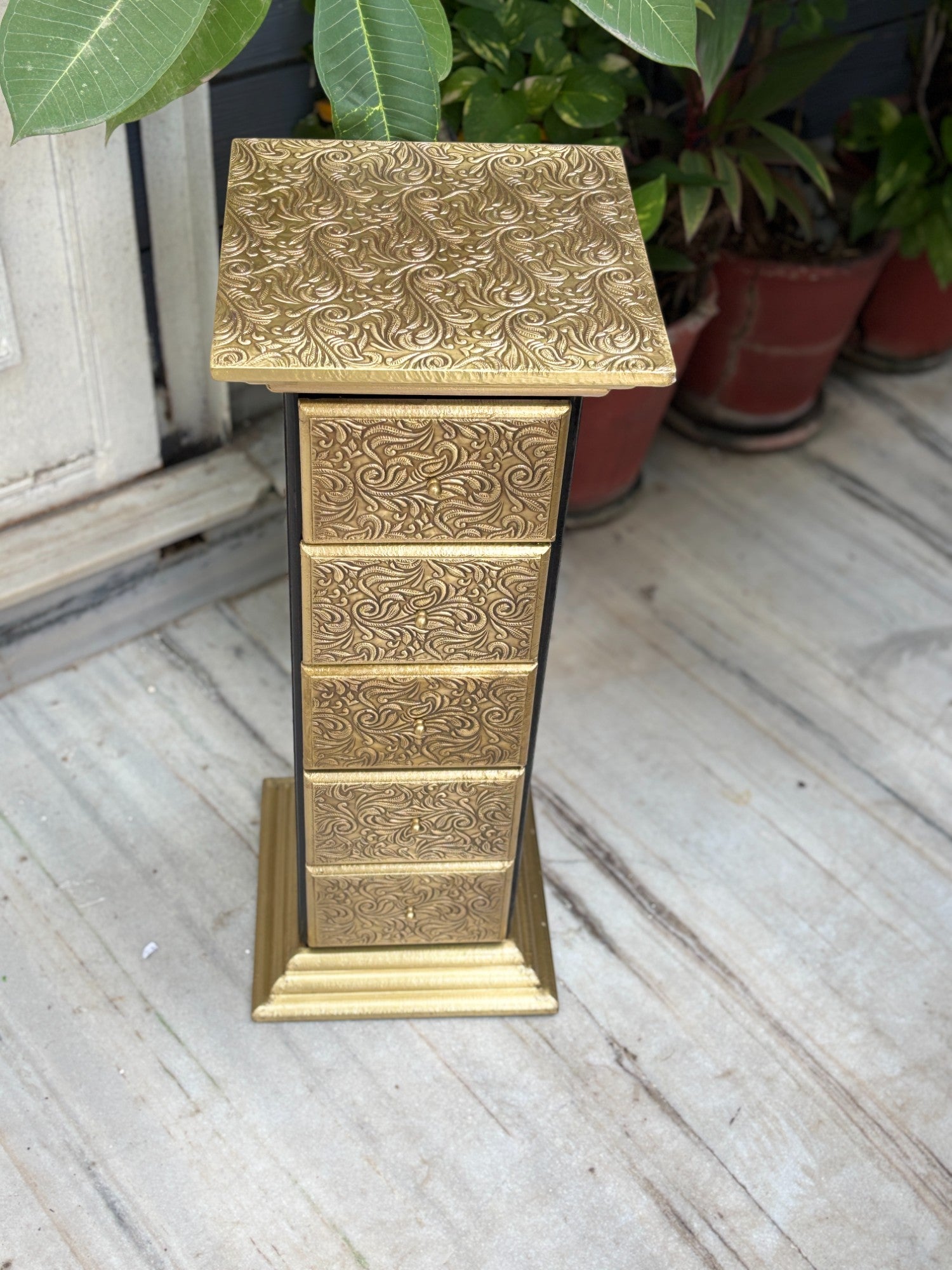 Pillar 5 Drawers Side Table | Traditional Wooden Design Table for Living Room, Bedroom & Office | Decorative Accent Furniture & Showpiece Stand - 27 Inch