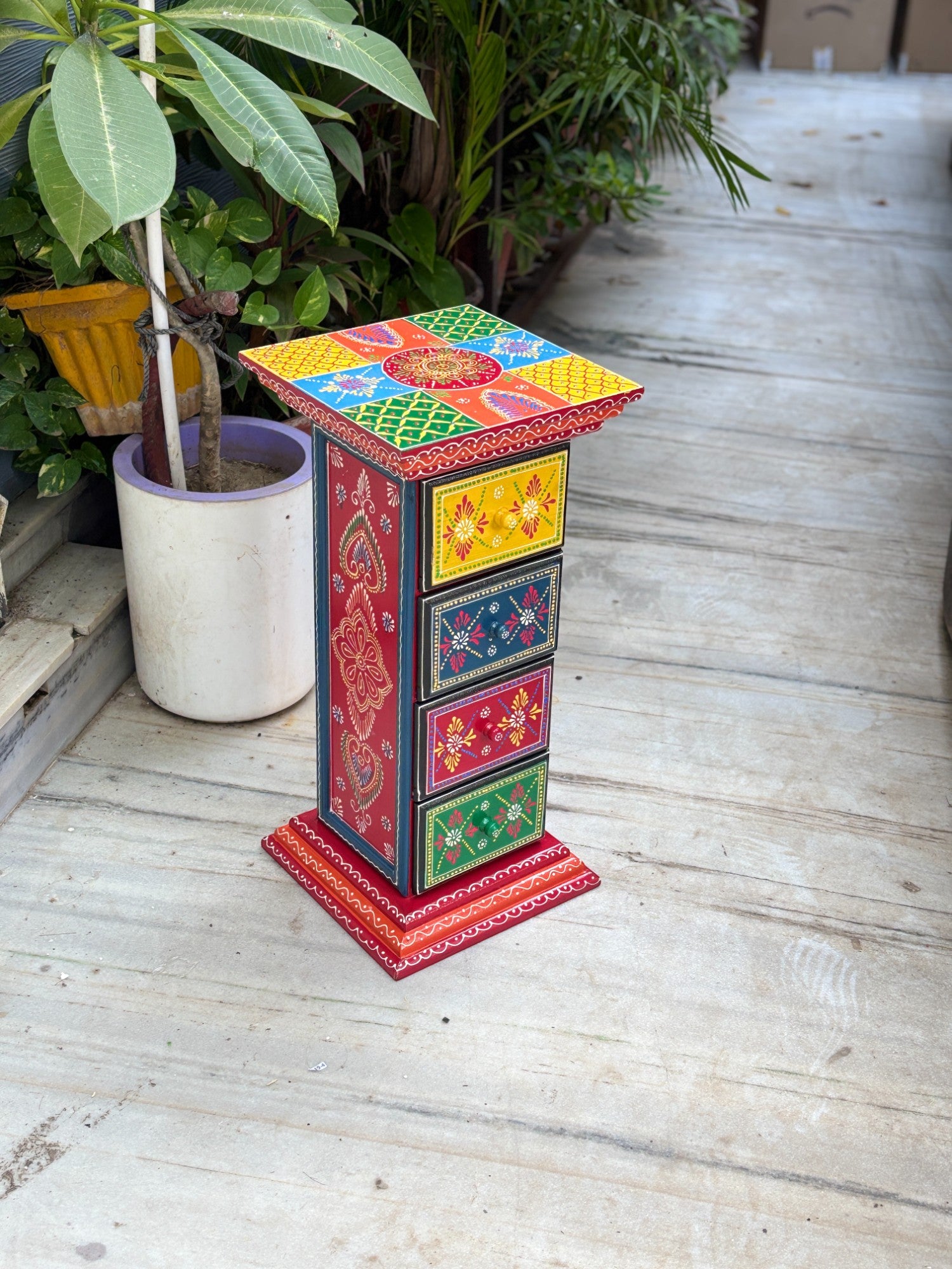 Pillar 4 Drawers Side Table | Traditional Wooden Design Table for Living Room Bedroom & Office | Decorative Table| Decorative Accent Furniture & Showpiece Stand - 23 Inch - Apkamart