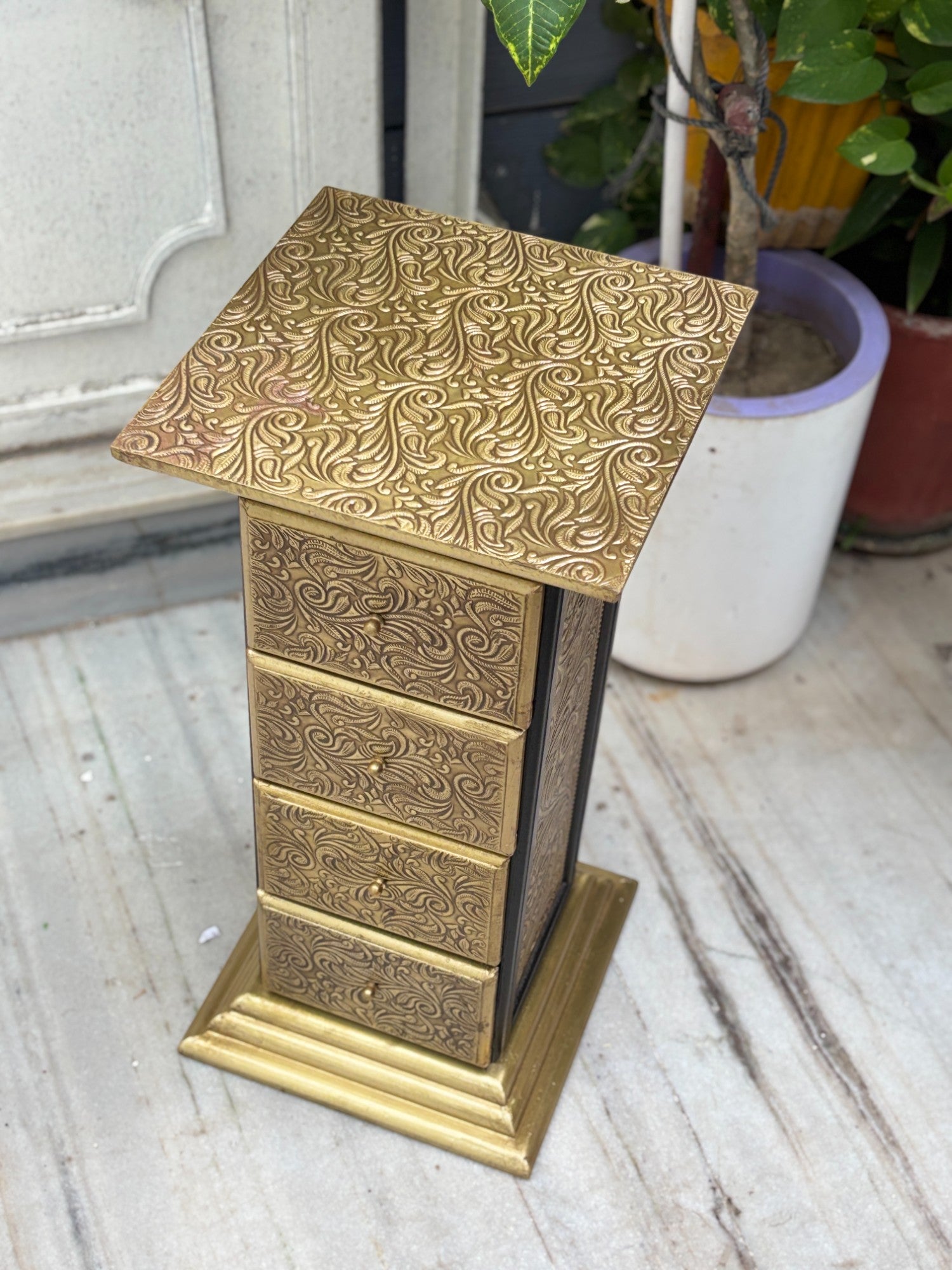 Pillar 4 Drawers Side Table | Traditional Wooden Design Table for Living Room,  Bedroom & Office | Decorative Accent Furniture & Showpiece Stand - 23 Inch - Apkamart