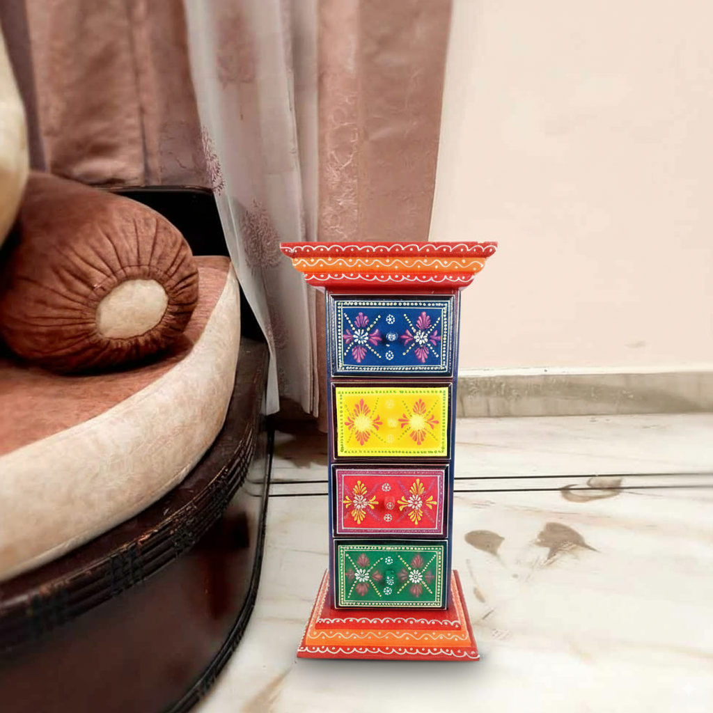 Pillar 4 Drawers Side Table | Traditional Wooden Design Table for Living Room Bedroom & Office | Decorative Table| Decorative Accent Furniture & Showpiece Stand - 23 Inch - Apkamart