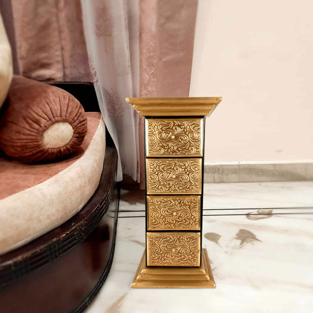 Pillar 4 Drawers Side Table | Traditional Wooden Design Table for Living Room,  Bedroom & Office | Decorative Accent Furniture & Showpiece Stand - 23 Inch - Apkamart