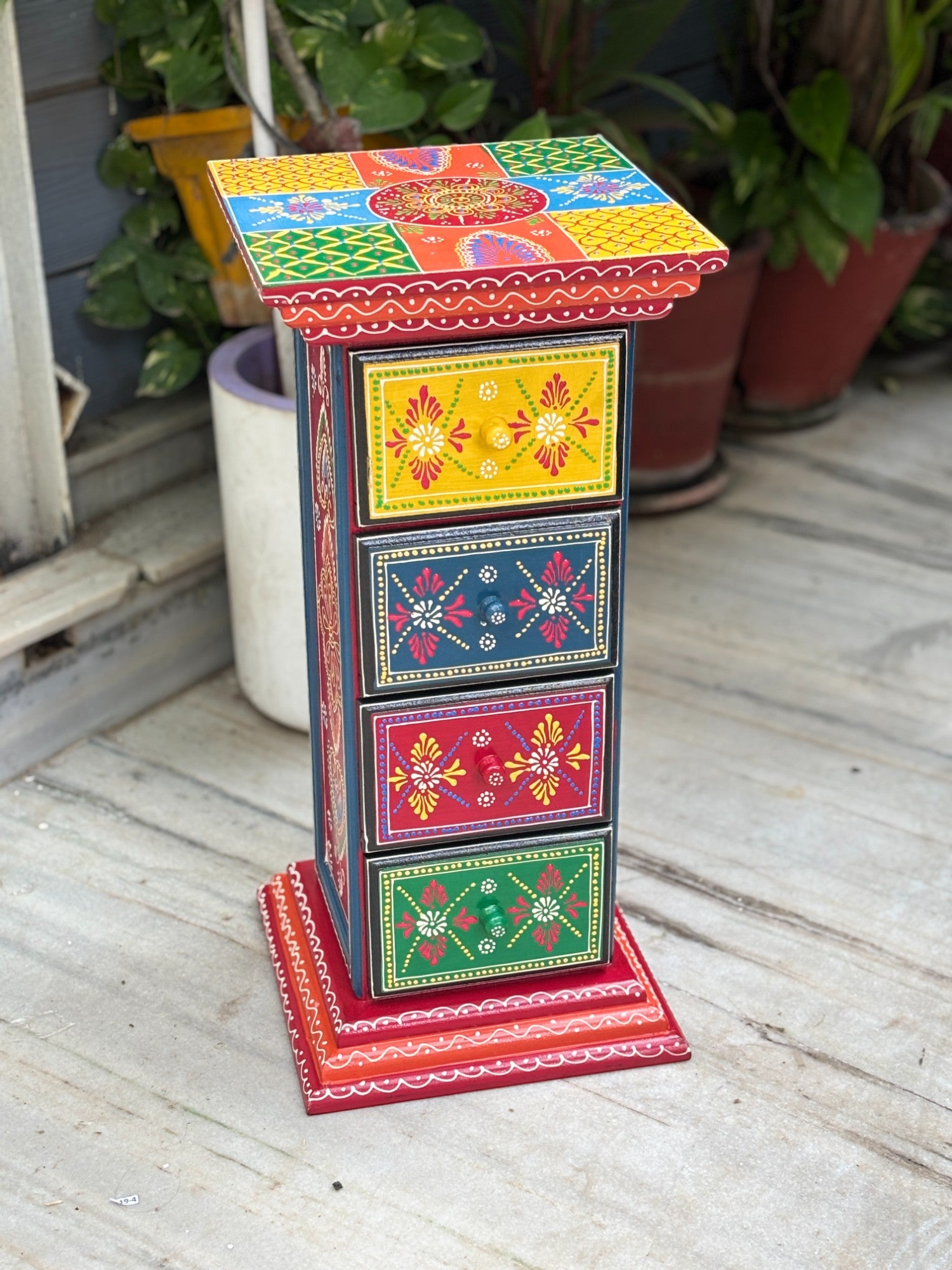 Pillar 4 Drawers Side Table | Traditional Wooden Design Table for Living Room Bedroom & Office | Decorative Table| Decorative Accent Furniture & Showpiece Stand - 23 Inch - Apkamart