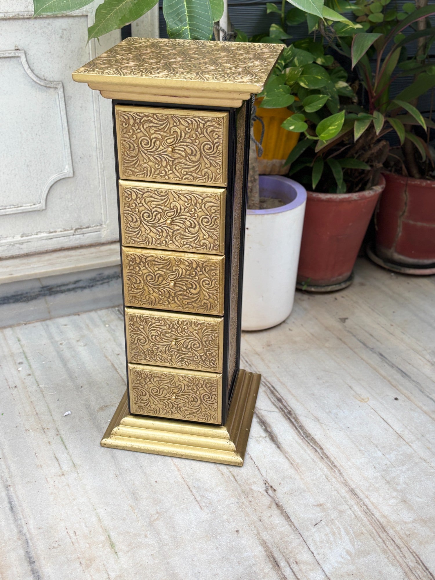 Pillar 5 Drawers Side Table | Traditional Wooden Design Table for Living Room, Bedroom & Office | Decorative Accent Furniture & Showpiece Stand - 27 Inch