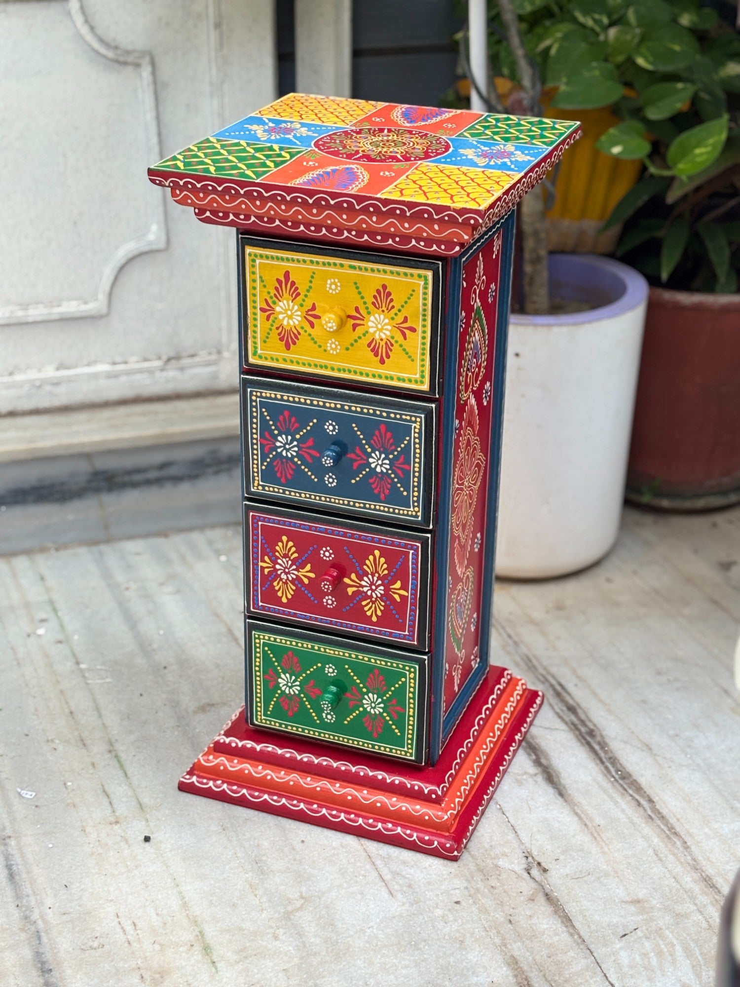 Pillar 4 Drawers Side Table | Traditional Wooden Design Table for Living Room Bedroom & Office | Decorative Table| Decorative Accent Furniture & Showpiece Stand - 23 Inch - Apkamart