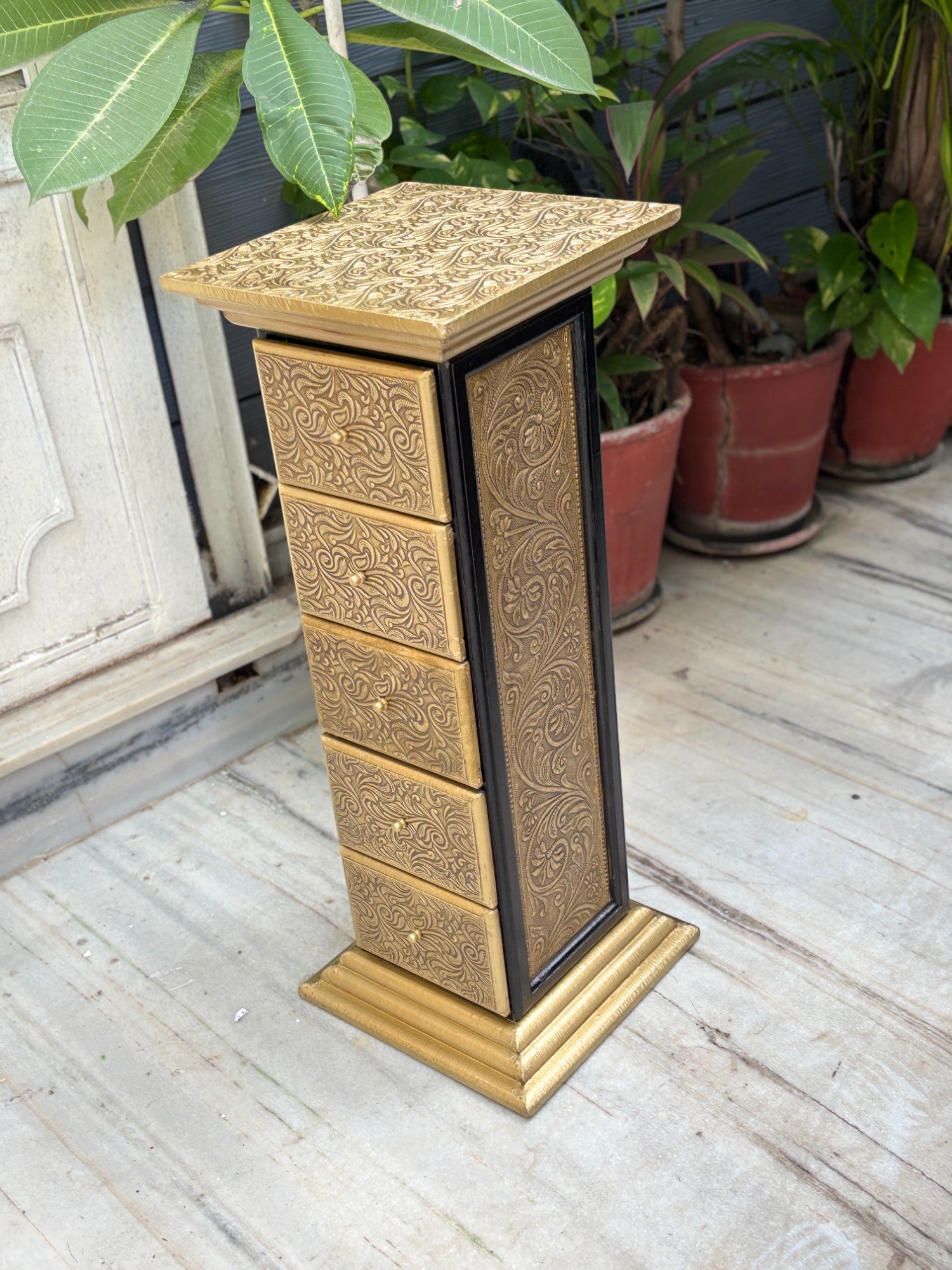 Pillar 5 Drawers Side Table | Traditional Wooden Design Table for Living Room, Bedroom & Office | Decorative Accent Furniture & Showpiece Stand - 27 Inch