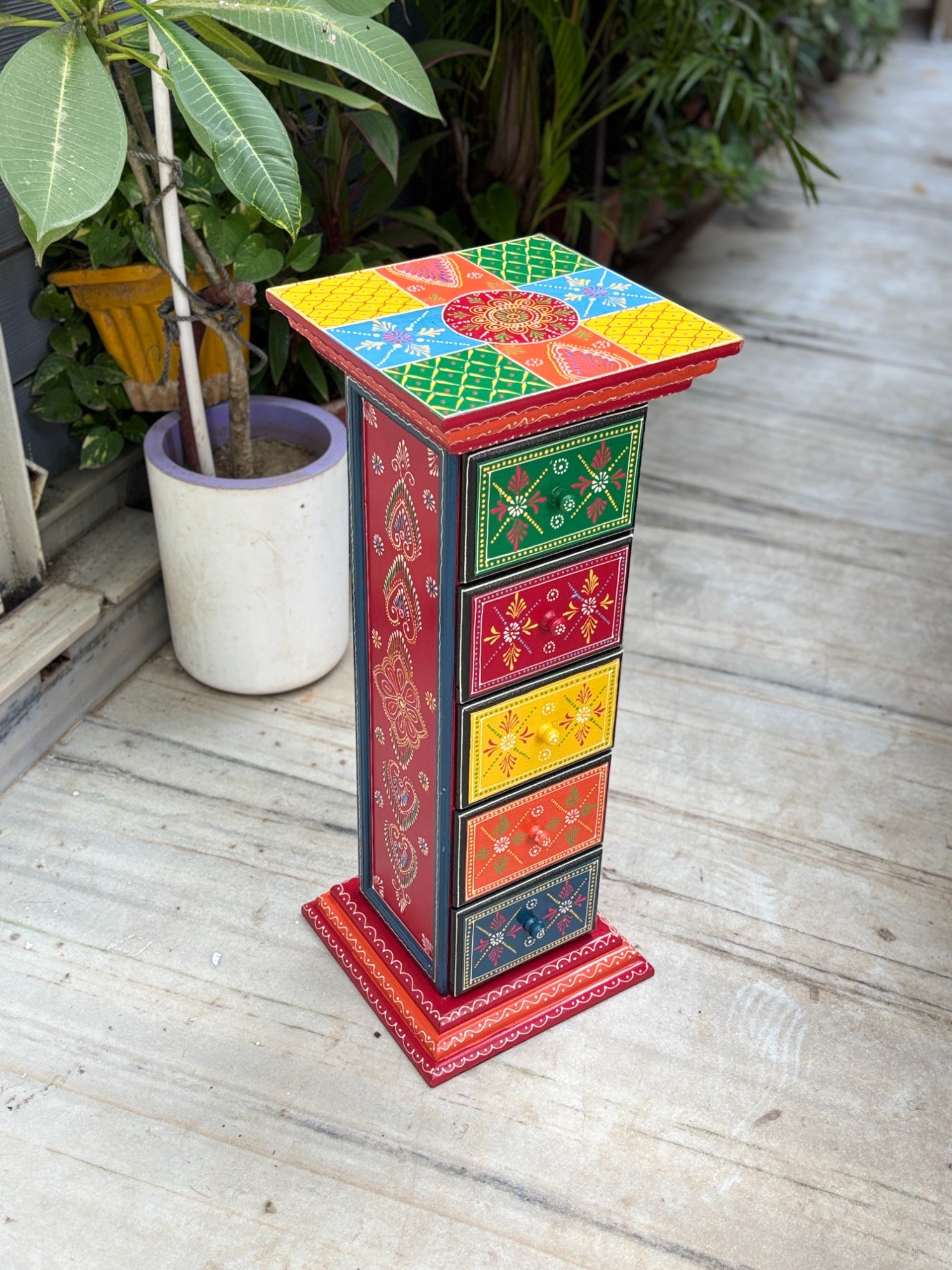 Pillar 5 Drawers Side Table | Traditional Design Table for Living Room, Bedroom & Office | Decorative Side Table| Decorative Accent Furniture & Showpiece Stand - 28 Inch