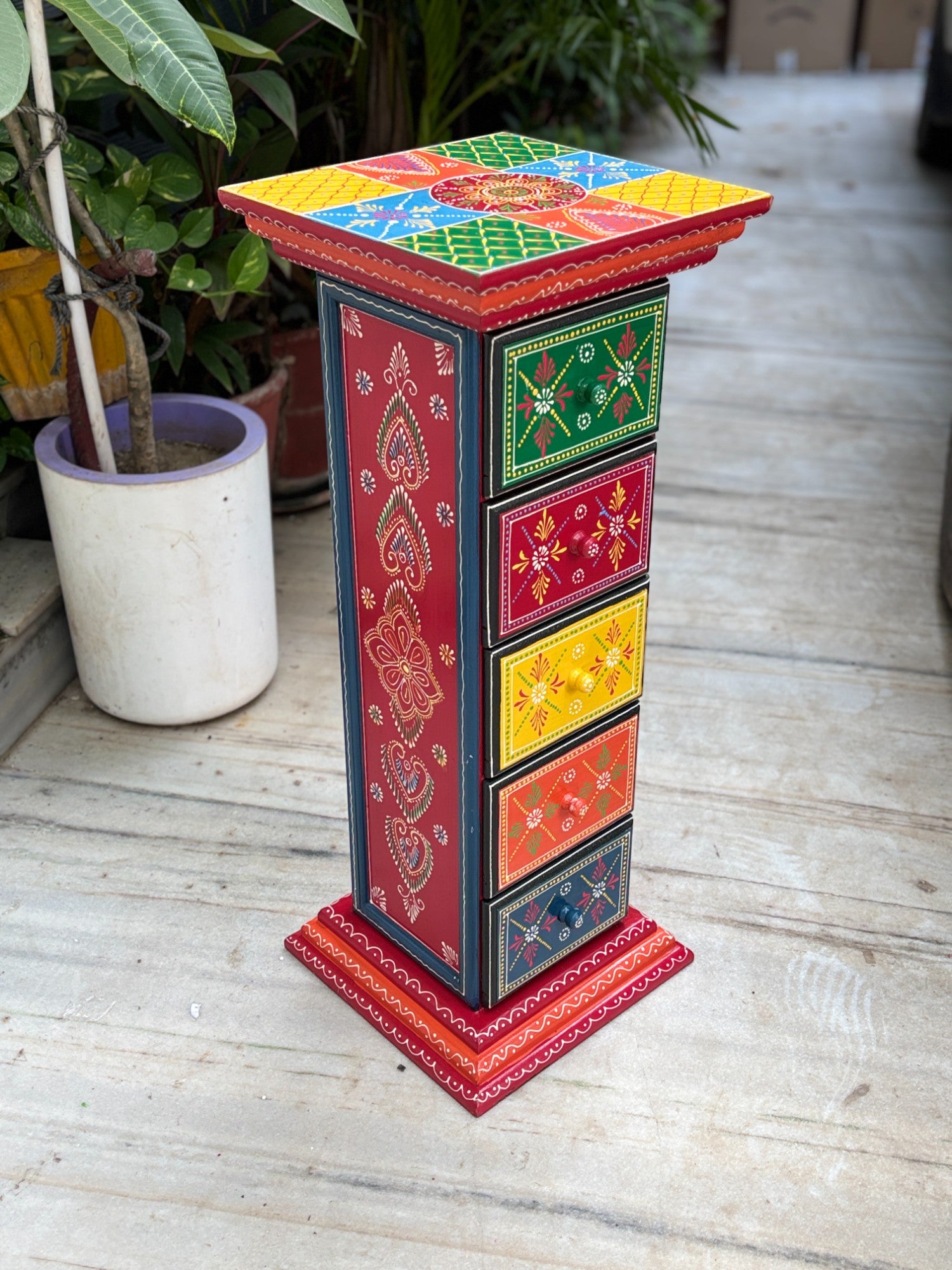 Pillar 5 Drawers Side Table | Traditional Design Table for Living Room, Bedroom & Office | Decorative Side Table| Decorative Accent Furniture & Showpiece Stand - 28 Inch - Apkamart