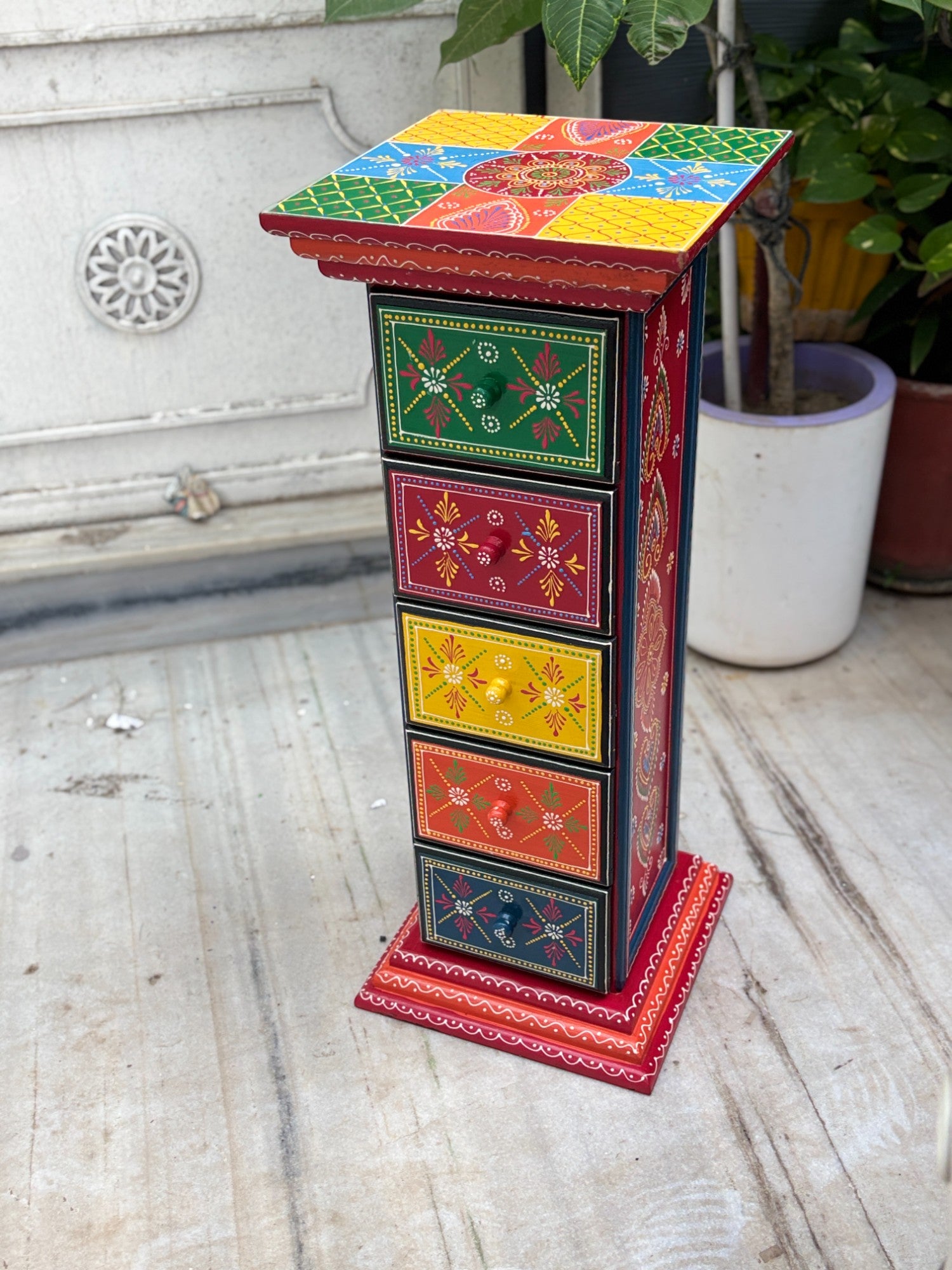 Pillar 5 Drawers Side Table | Traditional Design Table for Living Room, Bedroom & Office | Decorative Side Table| Decorative Accent Furniture & Showpiece Stand - 28 Inch - Apkamart