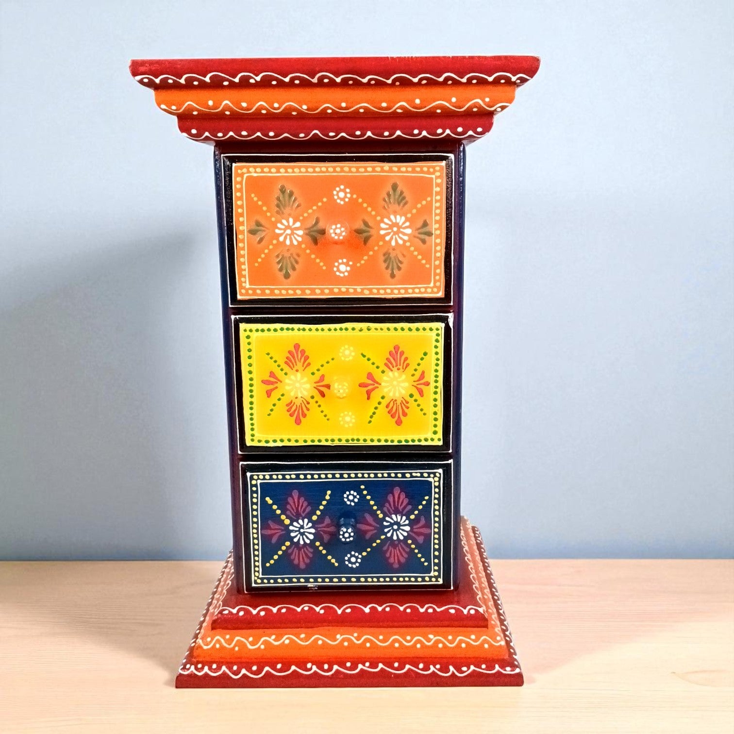 Pillar 3 Drawers Side Table | Traditional Wooden Design Table for Living Room, Bedroom & Office | Home Decor | Decorative Accent Furniture & Showpiece Stand - 18 Inch - Apkamart