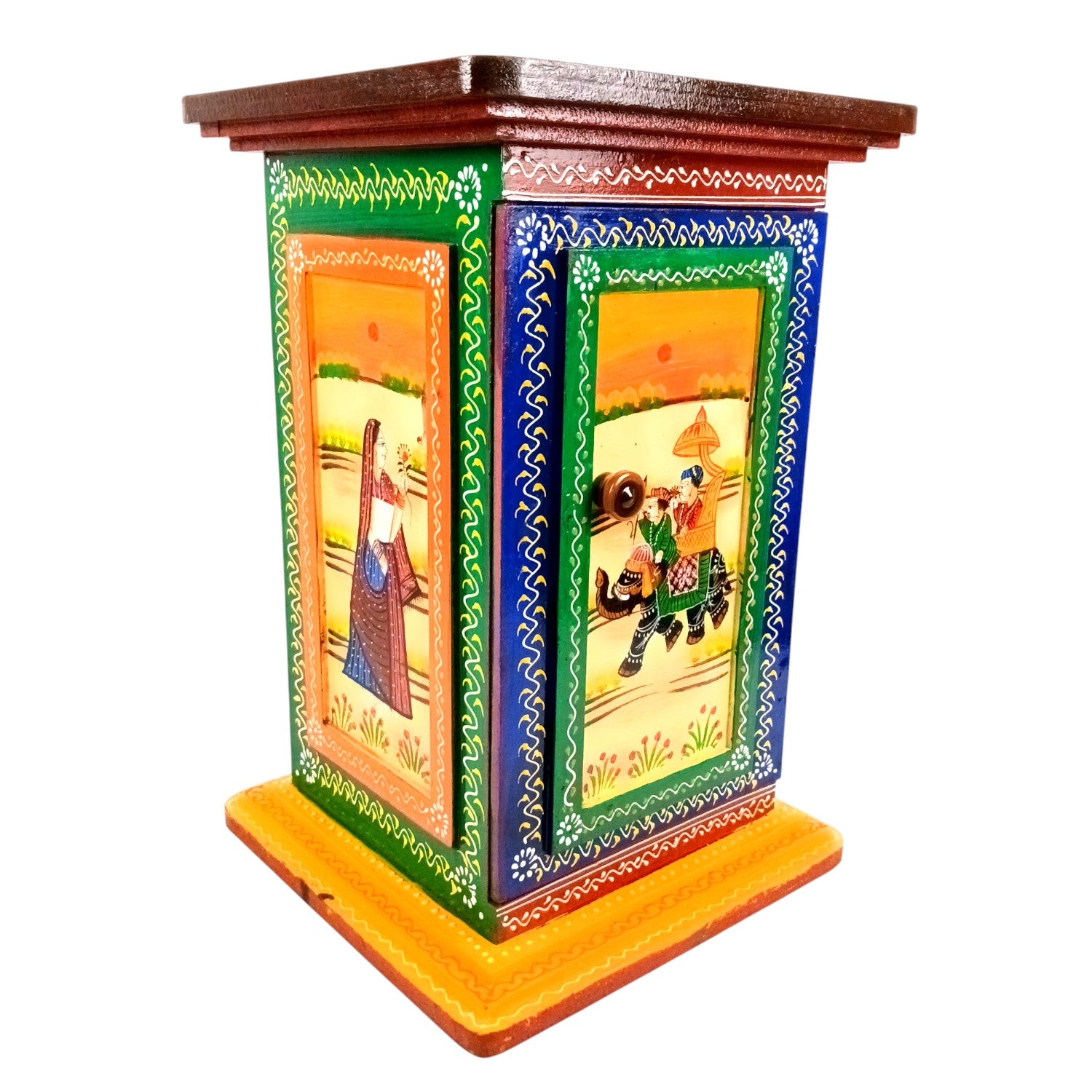 Wooden Side Table with Storage | Rajasthani Elephant Art | Handicraft Table for Living Room | Decorative Table for Showpiece Display | Home Decor Item with Cabinet - 18 Inch - Apkamart