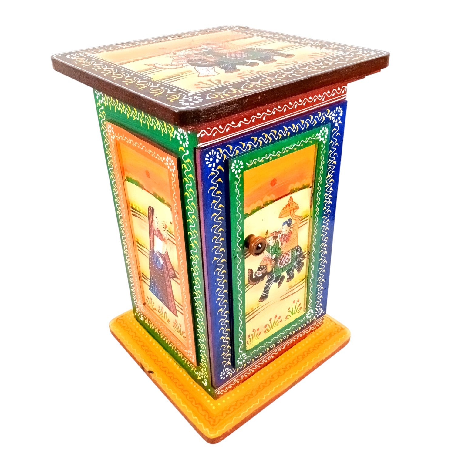 Wooden Side Table with Storage | Rajasthani Elephant Art | Handicraft Table for Living Room | Decorative Table for Showpiece Display | Home Decor Item with Cabinet - 18 Inch - Apkamart