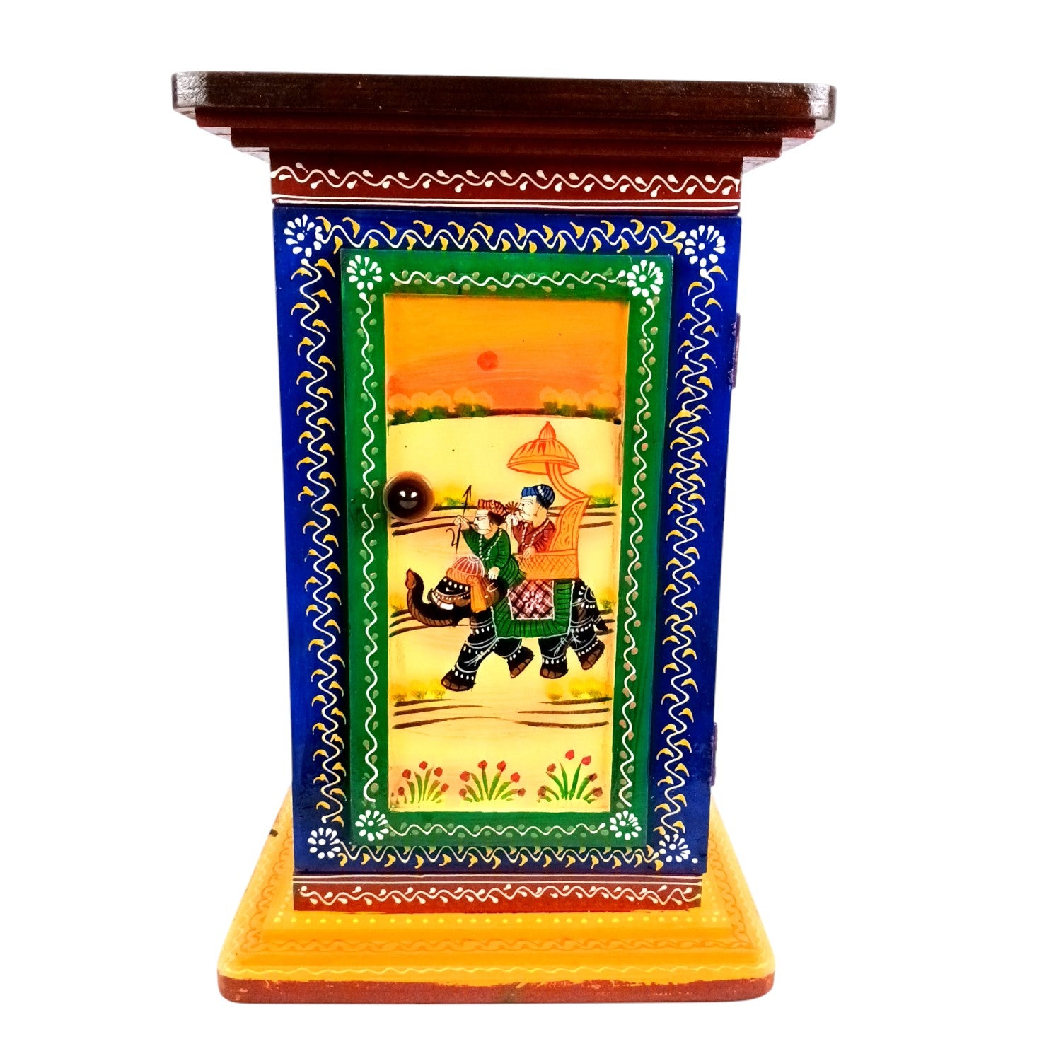 Wooden Side Table with Storage | Rajasthani Elephant Art | Handicraft Table for Living Room | Decorative Table for Showpiece Display | Home Decor Item with Cabinet - 18 Inch - Apkamart