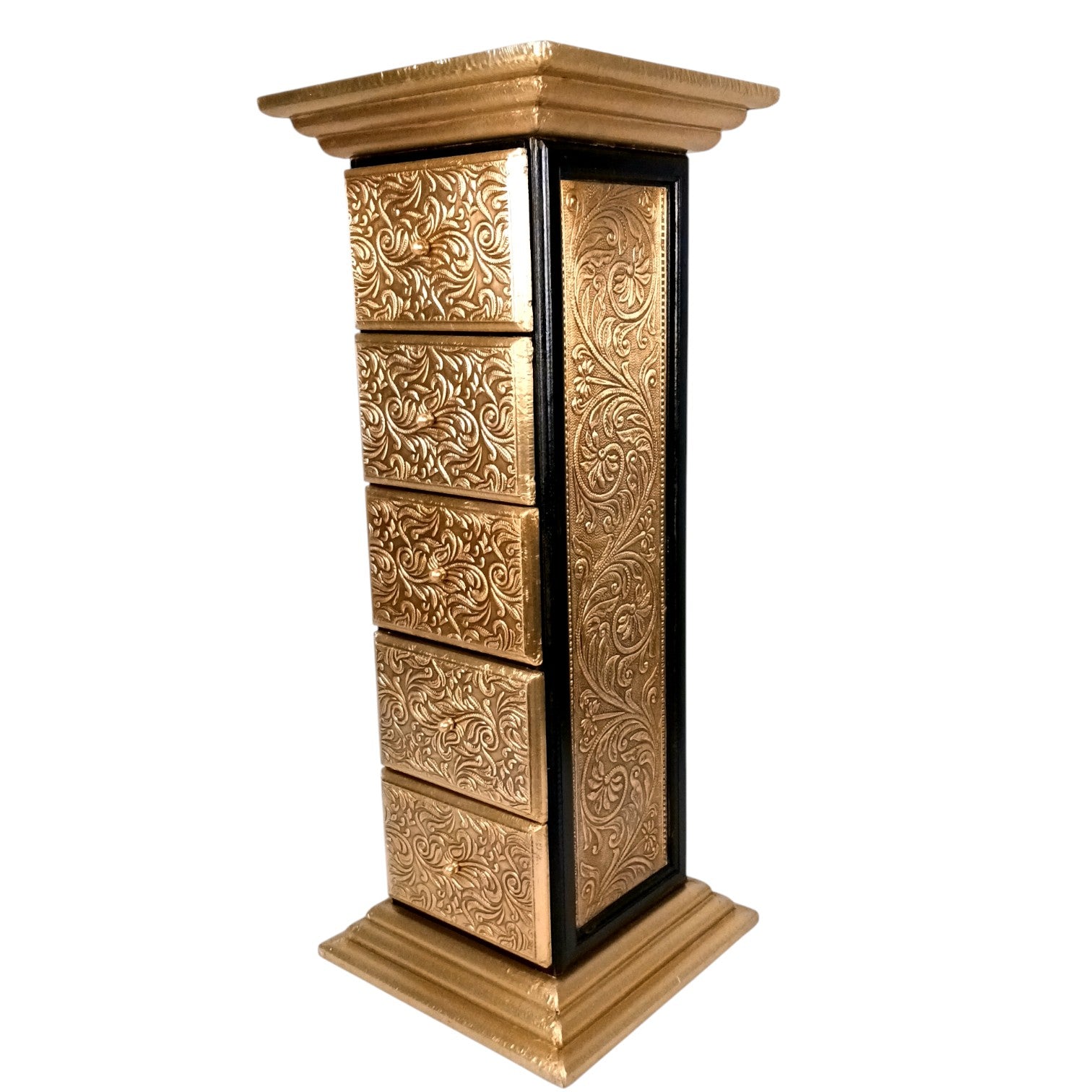 Pillar 5 Drawers Side Table | Traditional Wooden Design Table for Living Room, Bedroom & Office | Decorative Accent Furniture & Showpiece Stand - 27 Inch