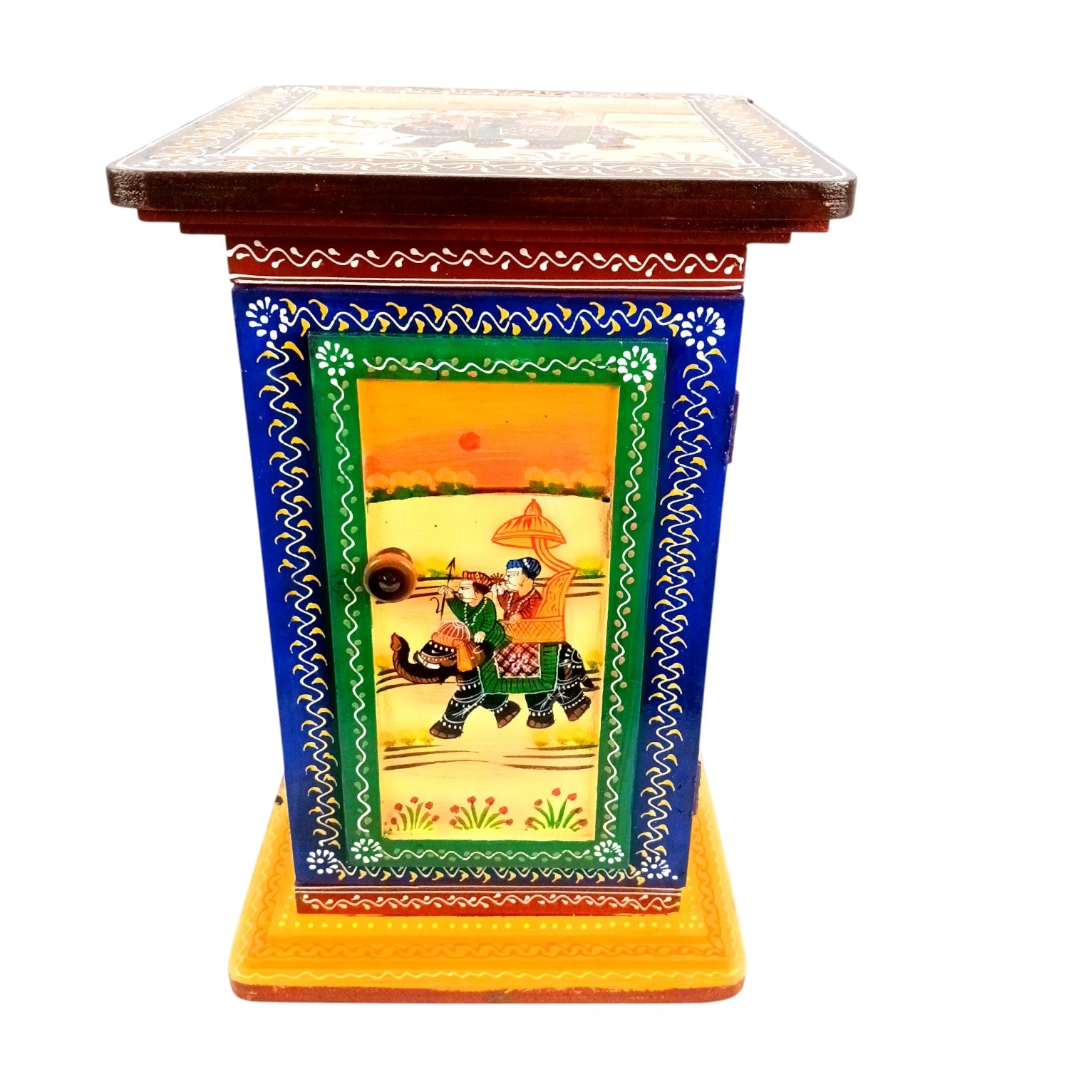 Wooden Side Table with Storage | Rajasthani Elephant Art | Handicraft Table for Living Room | Decorative Table for Showpiece Display | Home Decor Item with Cabinet - 18 Inch - Apkamart