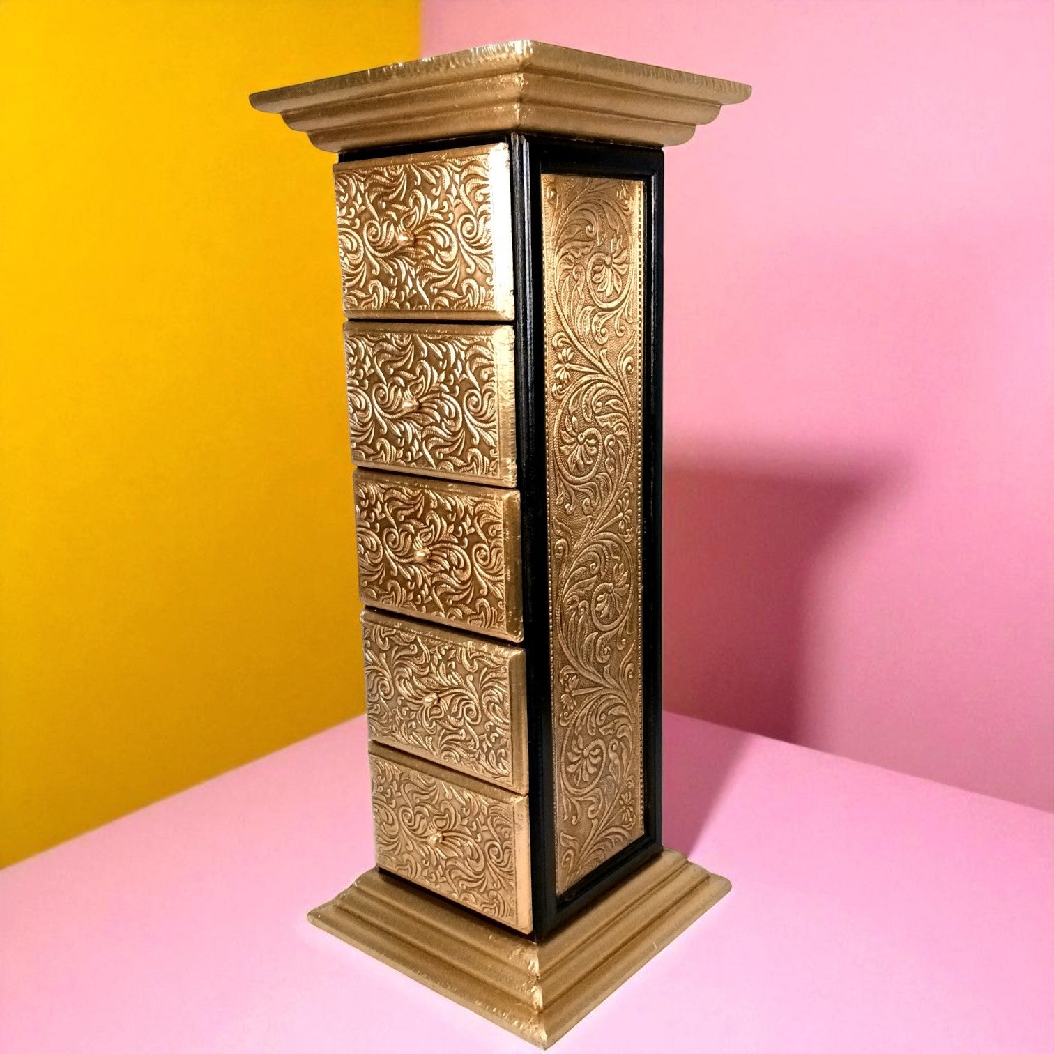 Pillar 5 Drawers Side Table | Traditional Wooden Design Table for Living Room, Bedroom & Office | Decorative Accent Furniture & Showpiece Stand - 27 Inch