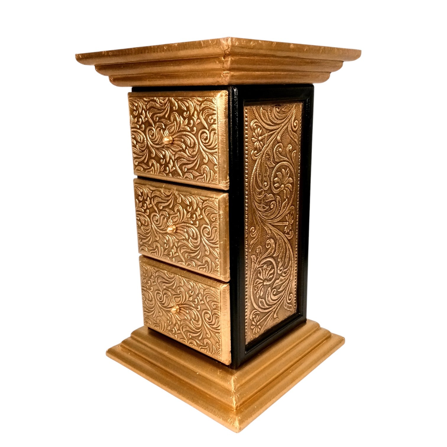 Pillar 3 Drawers Side Table | Traditional Wooden Design Table for Living Room, Bedroom & Office | Decorative Accent Furniture & Showpiece Stand - 18 Inch - Apkamat