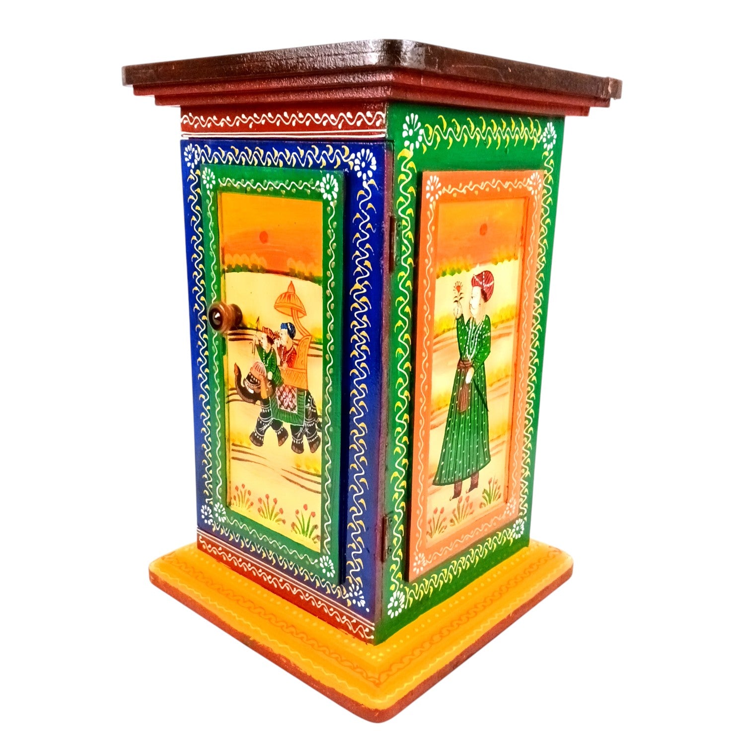 Wooden Side Table with Storage | Rajasthani Elephant Art | Handicraft Table for Living Room | Decorative Table for Showpiece Display | Home Decor Item with Cabinet - 18 Inch - Apkamart
