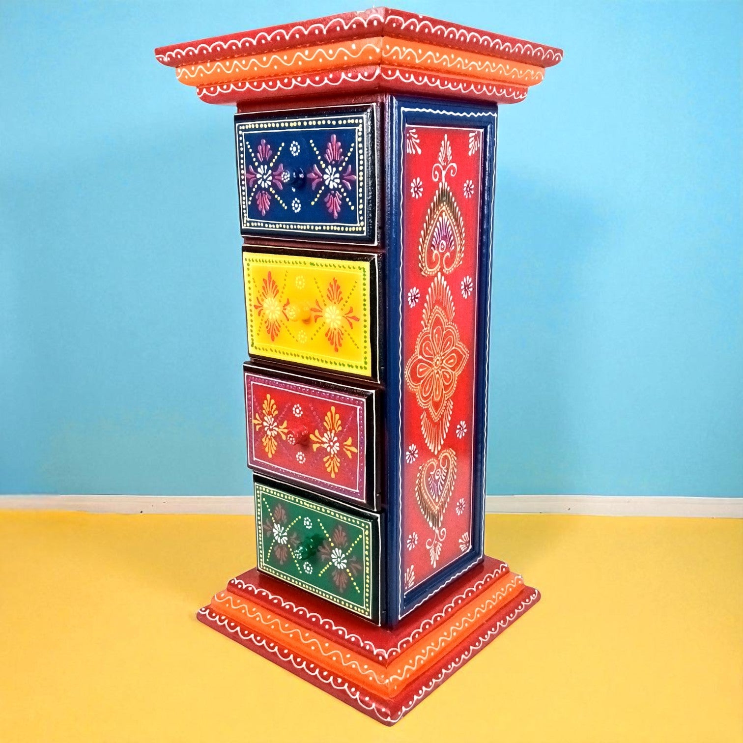 Pillar 4 Drawers Side Table | Traditional Wooden Design Table for Living Room Bedroom & Office | Decorative Table| Decorative Accent Furniture & Showpiece Stand - 23 Inch - Apkamart