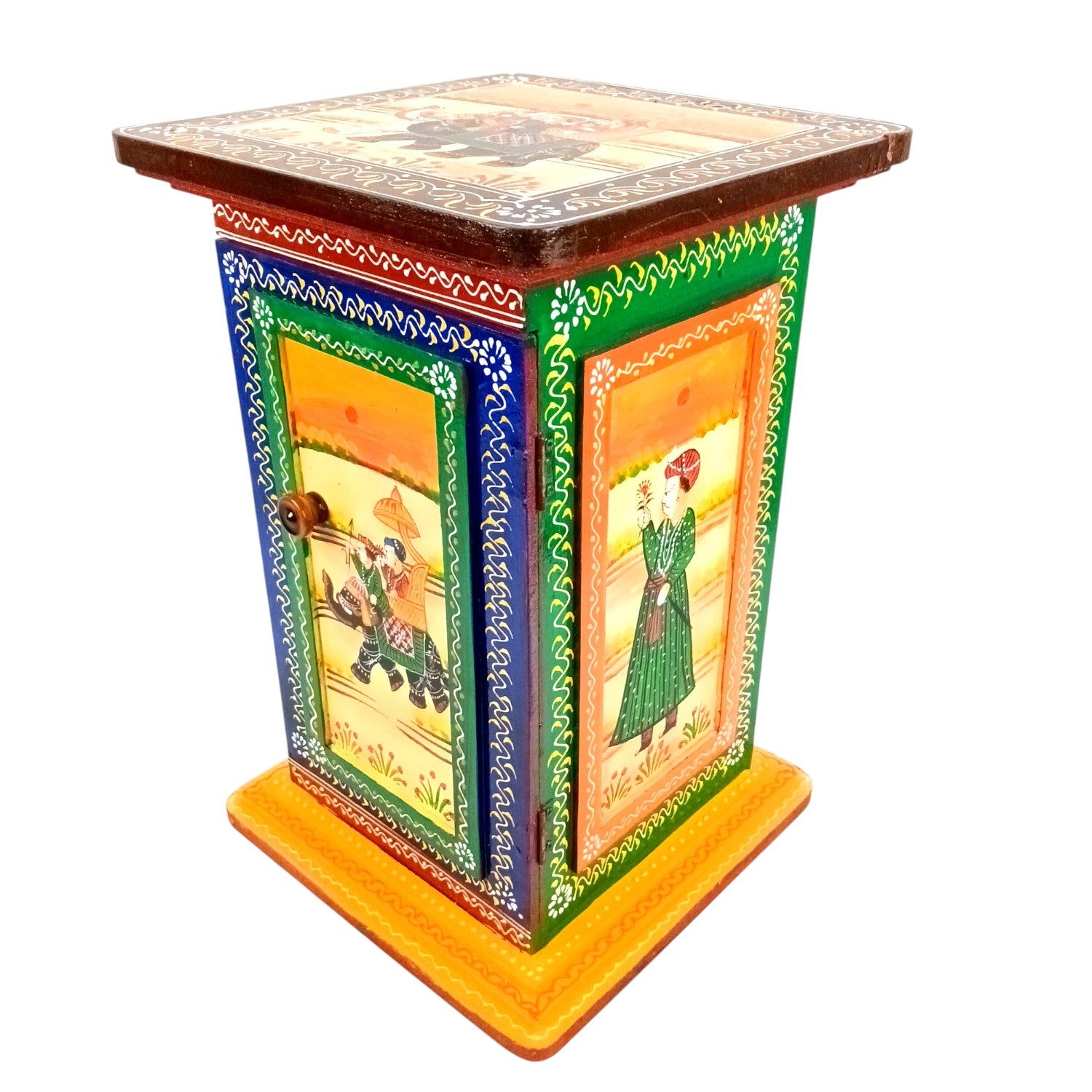 Wooden Side Table with Storage | Rajasthani Elephant Art | Handicraft Table for Living Room | Decorative Table for Showpiece Display | Home Decor Item with Cabinet - 18 Inch - Apkamart