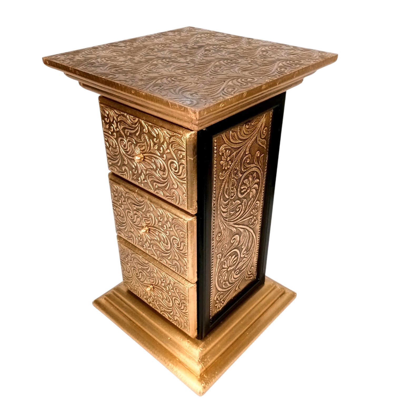 Pillar 3 Drawers Side Table | Traditional Wooden Design Table for Living Room, Bedroom & Office | Decorative Accent Furniture & Showpiece Stand - 18 Inch - Apkamat