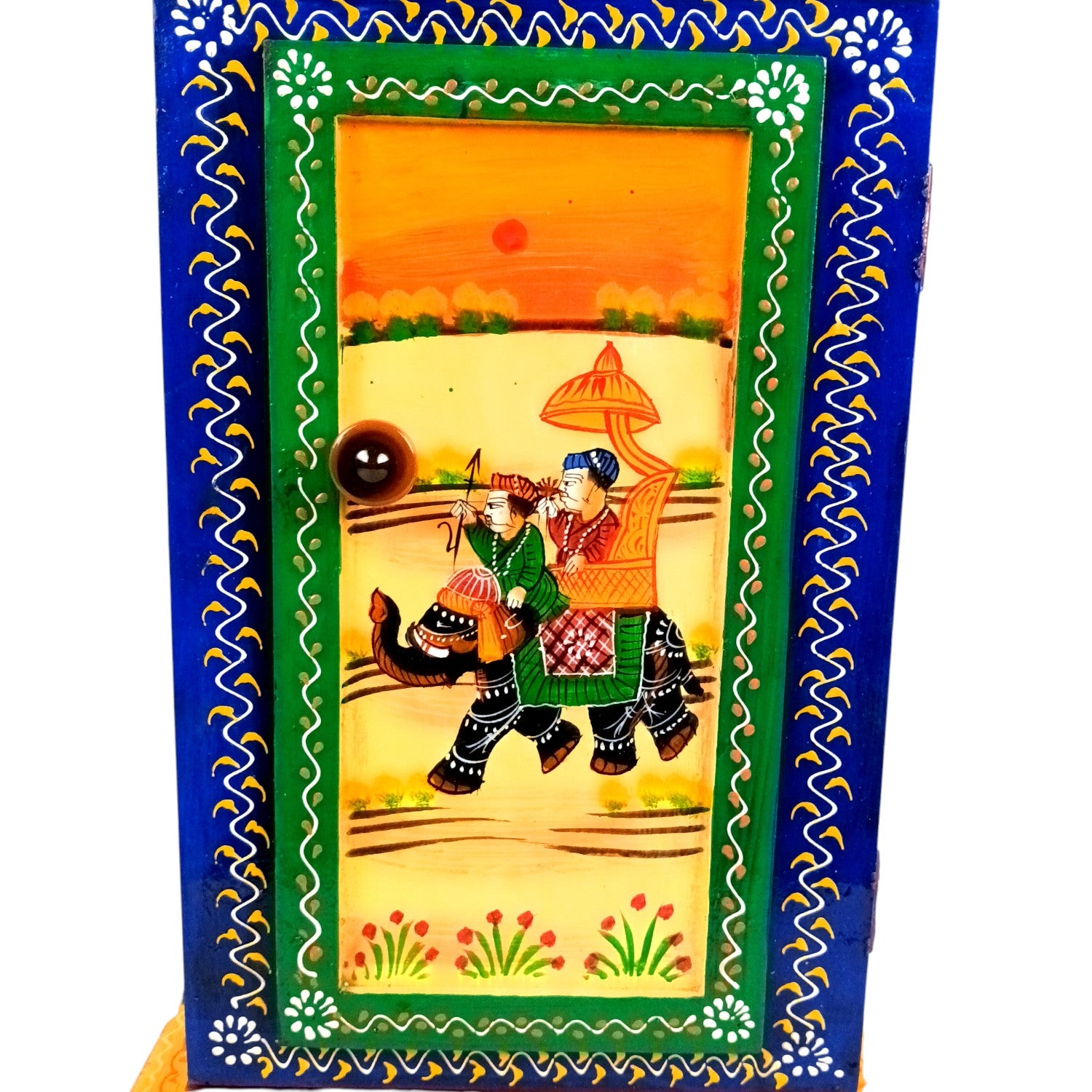 Wooden Side Table with Storage | Rajasthani Elephant Art | Handicraft Table for Living Room | Decorative Table for Showpiece Display | Home Decor Item with Cabinet - 18 Inch - Apkamart