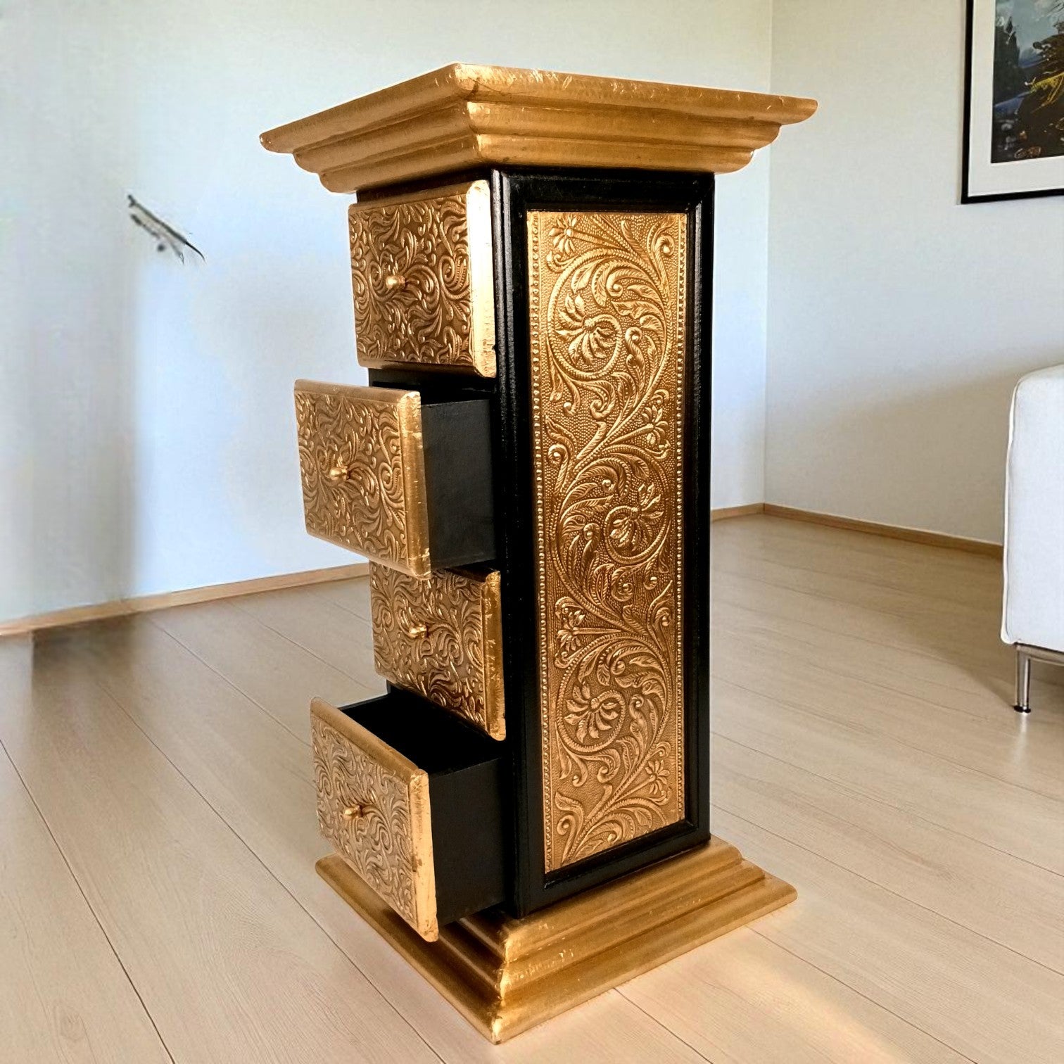 Pillar 4 Drawers Side Table | Traditional Wooden Design Table for Living Room,  Bedroom & Office | Decorative Accent Furniture & Showpiece Stand - 23 Inch - Apkamart