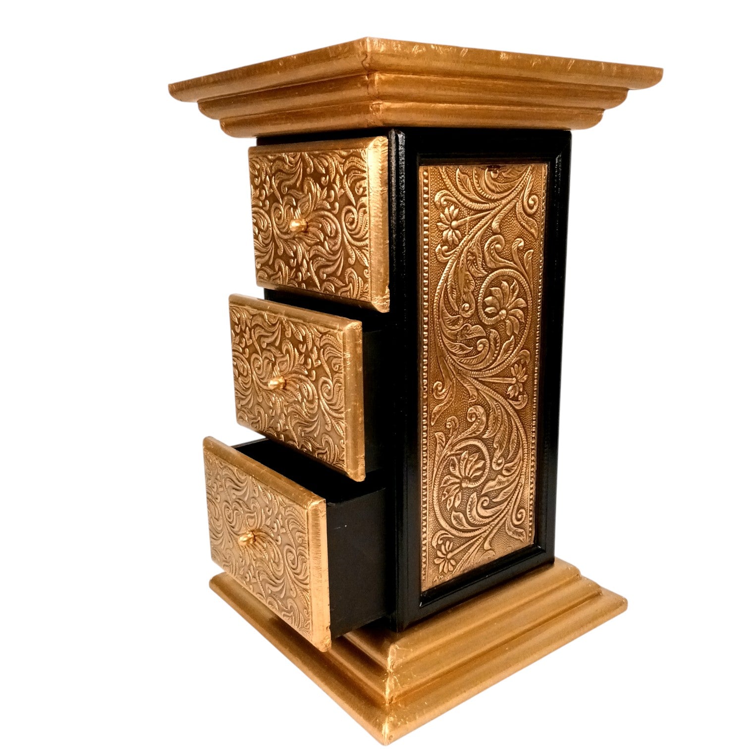 Pillar 3 Drawers Side Table | Traditional Wooden Design Table for Living Room, Bedroom & Office | Decorative Accent Furniture & Showpiece Stand - 18 Inch - Apkamat