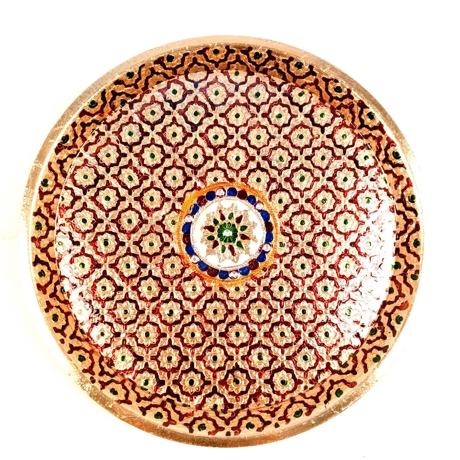 Pooja Thali Steel | Minakari Aarti Plate - Design - For Puja, Temple, Rakhi, Diwali, Karwa Chauth, weddings & Festivals - 13 Inch - Apkamart #Style_Design 1
