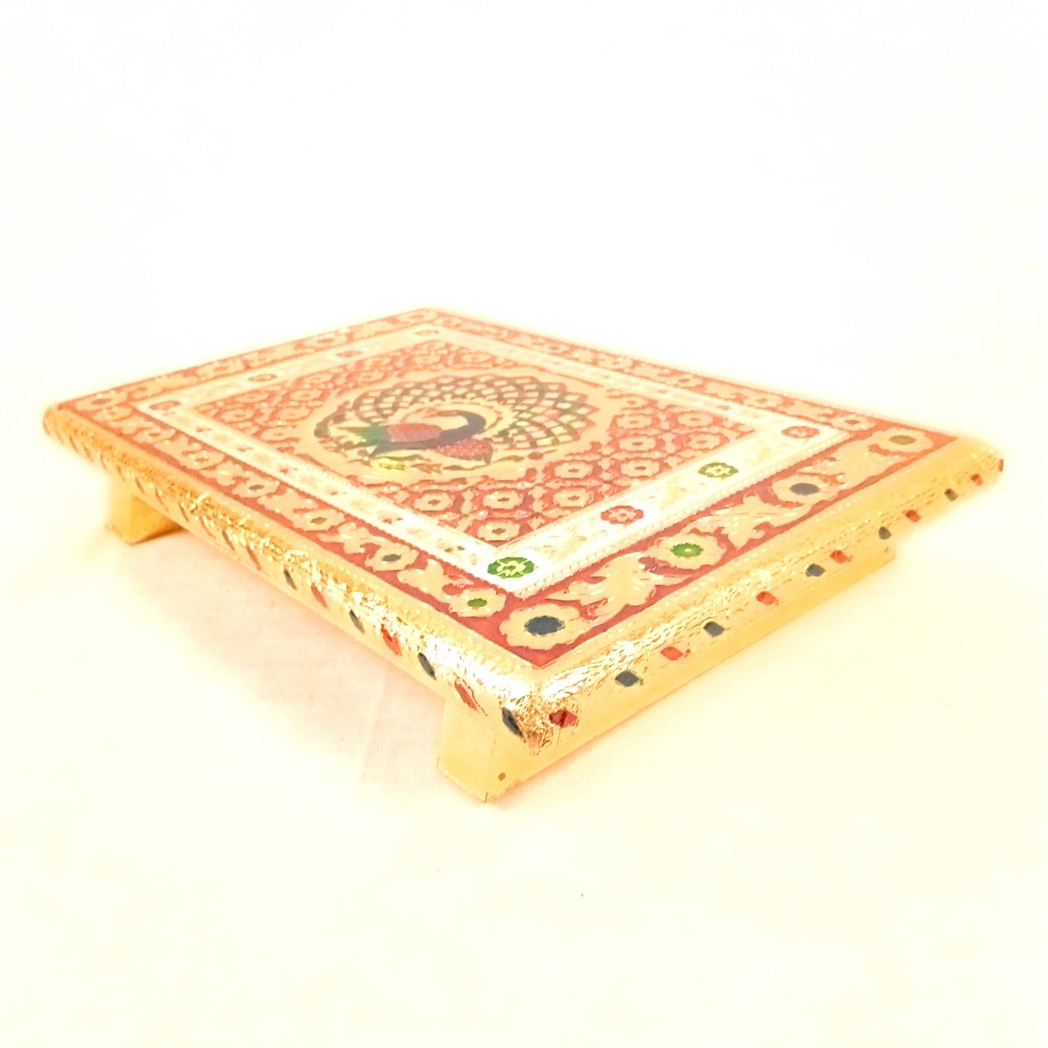 Meenakari Puja Chowki Bajot | Wooden Patla/Peeta for God Idols | Decorative Pooja Chauki for Mandir, Living Room | Traditional Handcrafted Pooja Stool - 14 Inch - Apkamart