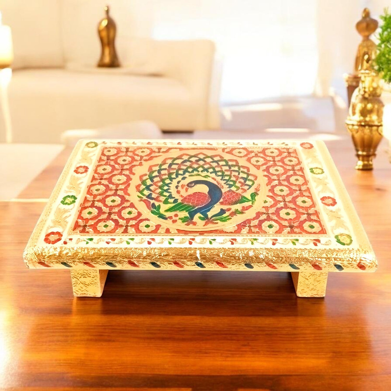 Wooden Puja Peeta Chowki | Stool / Aasan for God Idols |Wooden Pooja Chowki Table - for Festivals, Home, living Room, Corner, Mandir Decoration & Gifts - 12 Inch - Apkamart